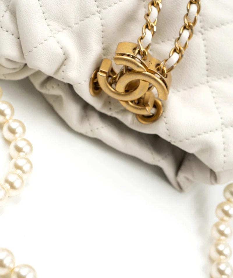 Chanel Chanel Light White Calfskin Quilted Pearl Mini About Pearls Drawstring Bucket Bag - DXBS1466