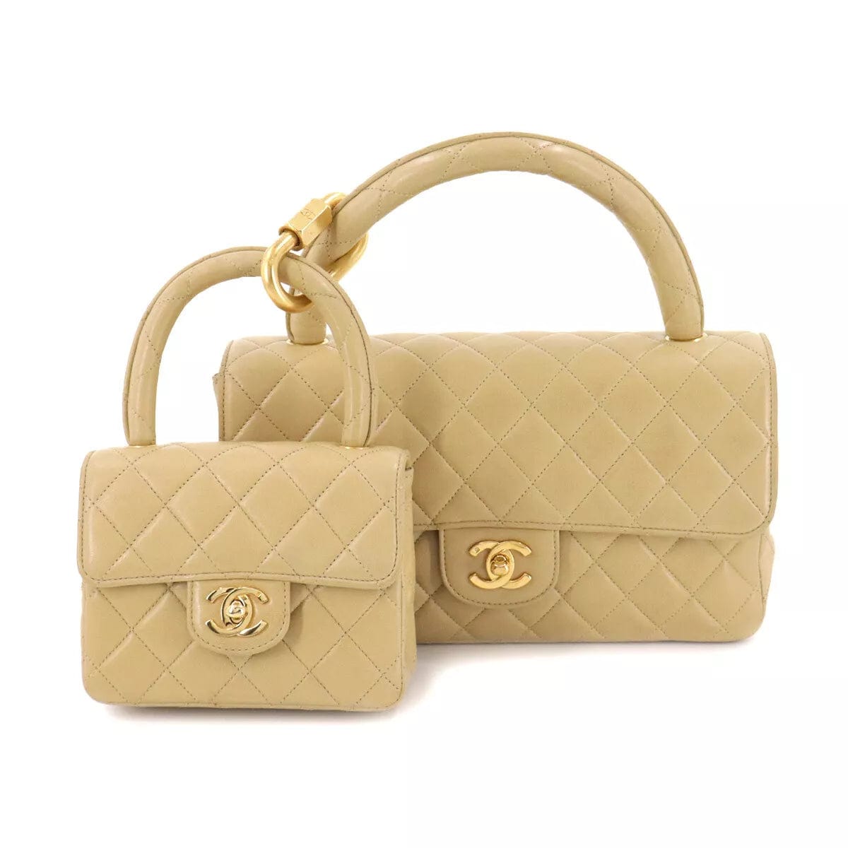 Chanel Chanel Matelasse Pair Hand Bag Leather Beige Purse Vintage 90131905