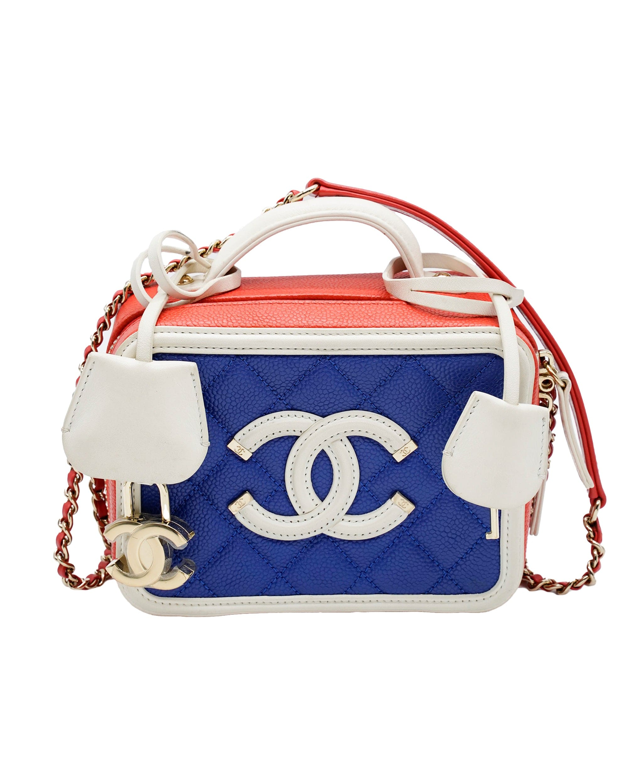 Chanel Red/White/Blue Caviar Quilted Small CC Filigree Vanity