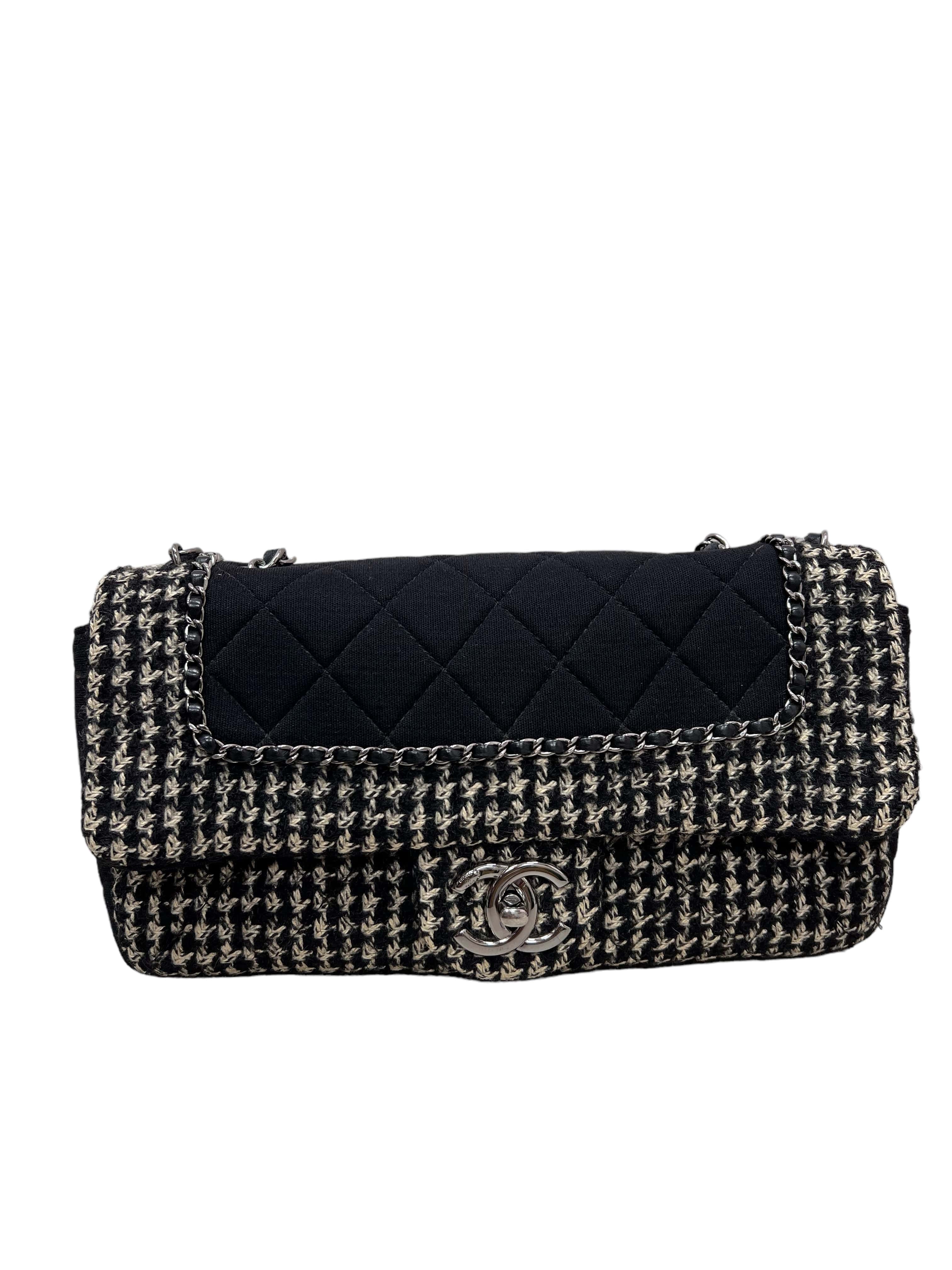 Chanel Chanel Single Flap Black Jersey / White - Black Tweed SHW #20  SKC1853