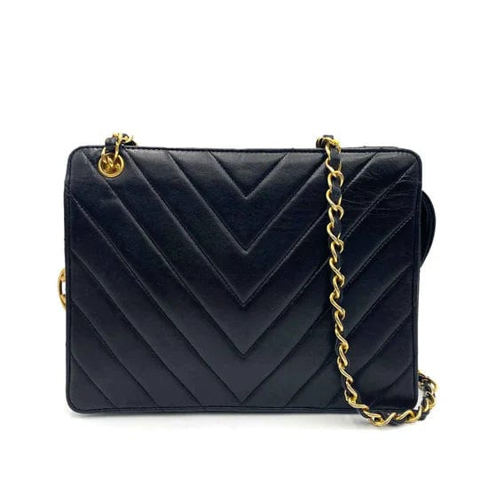 Chanel CHANEL VINTAGE CHEVRON CHAIN SHOULDER BAG BLACK LAMB SKIN DXBS0078