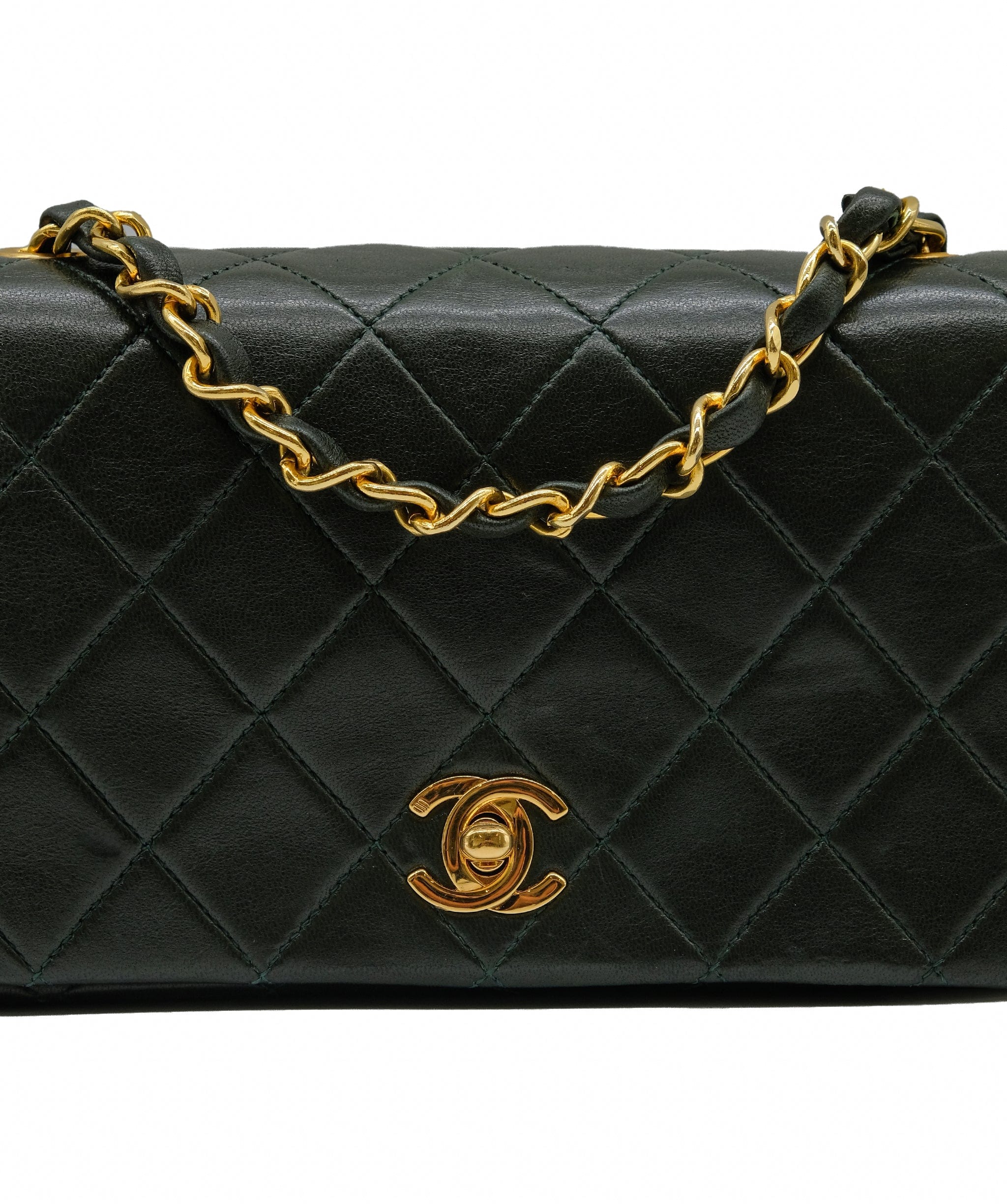 Chanel CHANEL VINTAGE MINI FULL FLAP CHAIN SHOULDER BAG GREEN LAMB SKIN DXBS0079