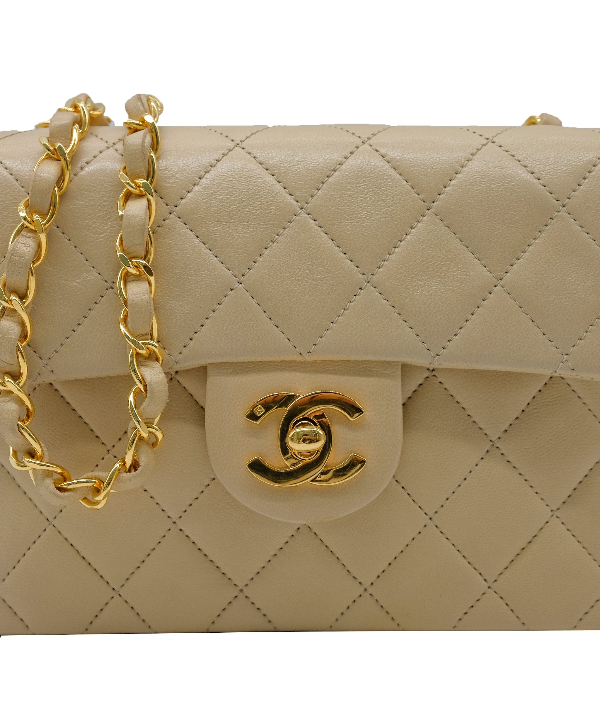 Chanel CHANEL VINTAGE MINI SQUARE 17 CHAIN SHOULDER BAG BEIGE LAMB SKIN 90221590 ASL10323