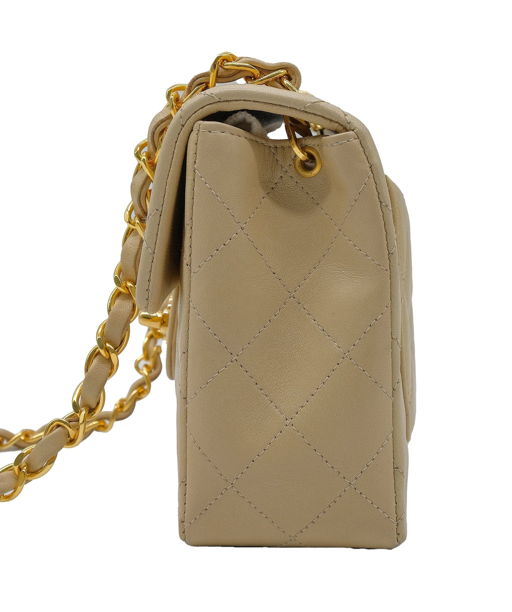 Chanel CHANEL VINTAGE MINI SQUARE 17 CHAIN SHOULDER BAG BEIGE LAMB SKIN 90221590 ASL10323