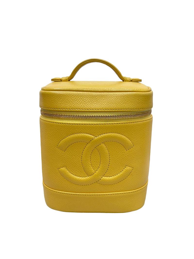 Auth Chanel Yellow Caviar Vintage CC Logo Cosmetic Pouch w/ gold hardware -  Rare