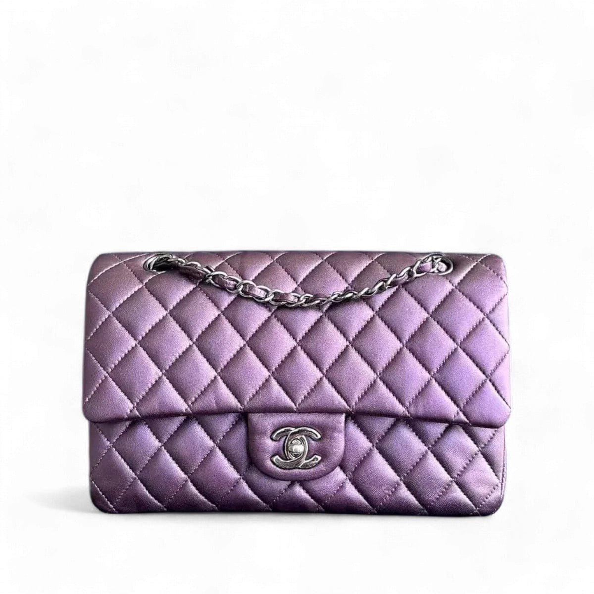 Chanel CLASSIC FLAP QUILTED LAMBSKIN IRIDESCENT PURPLE SILVER HARDWARE SERIES 24 SYCM357
