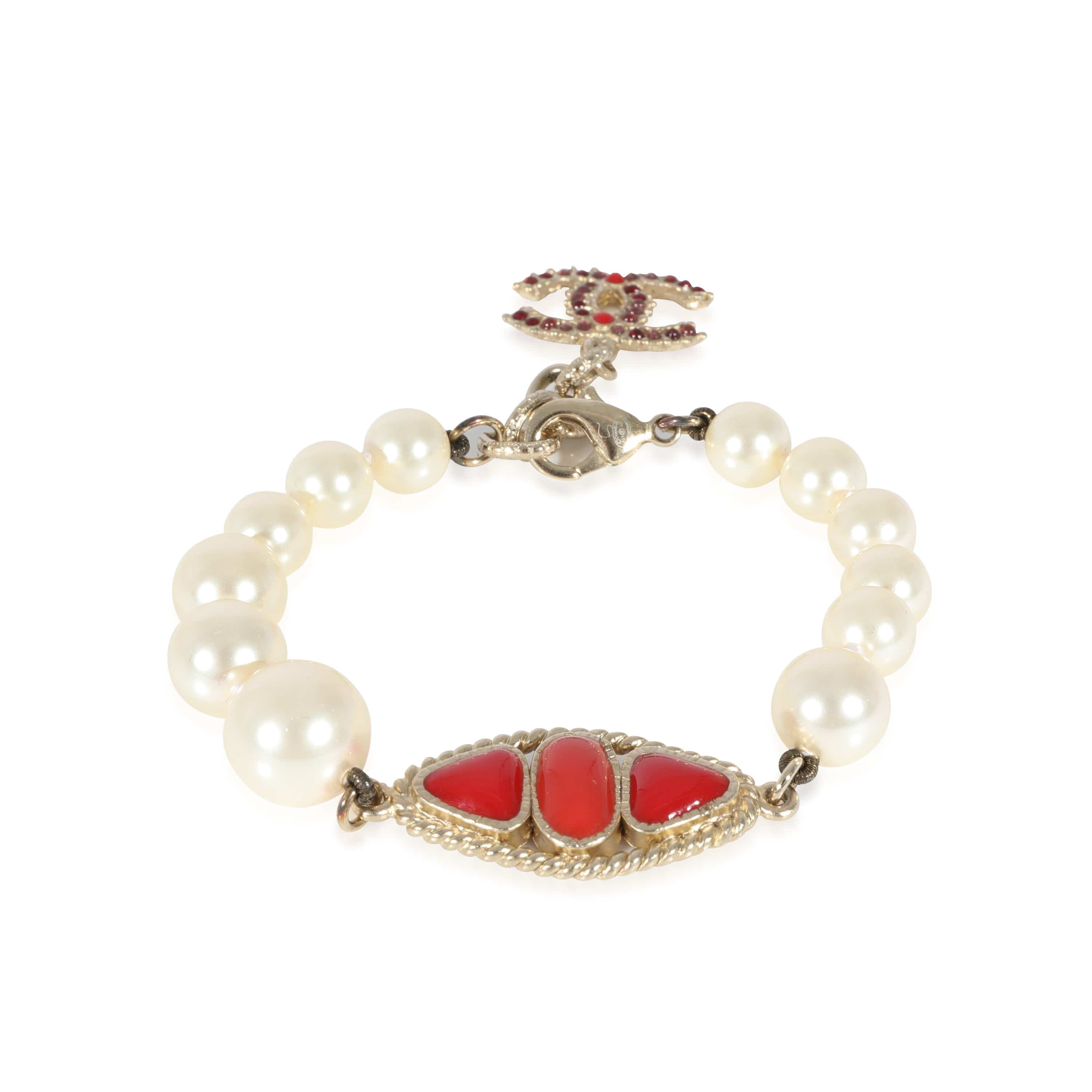 Chanel Chanel Faux Pearl & Red Gripoix CC Bracelet
