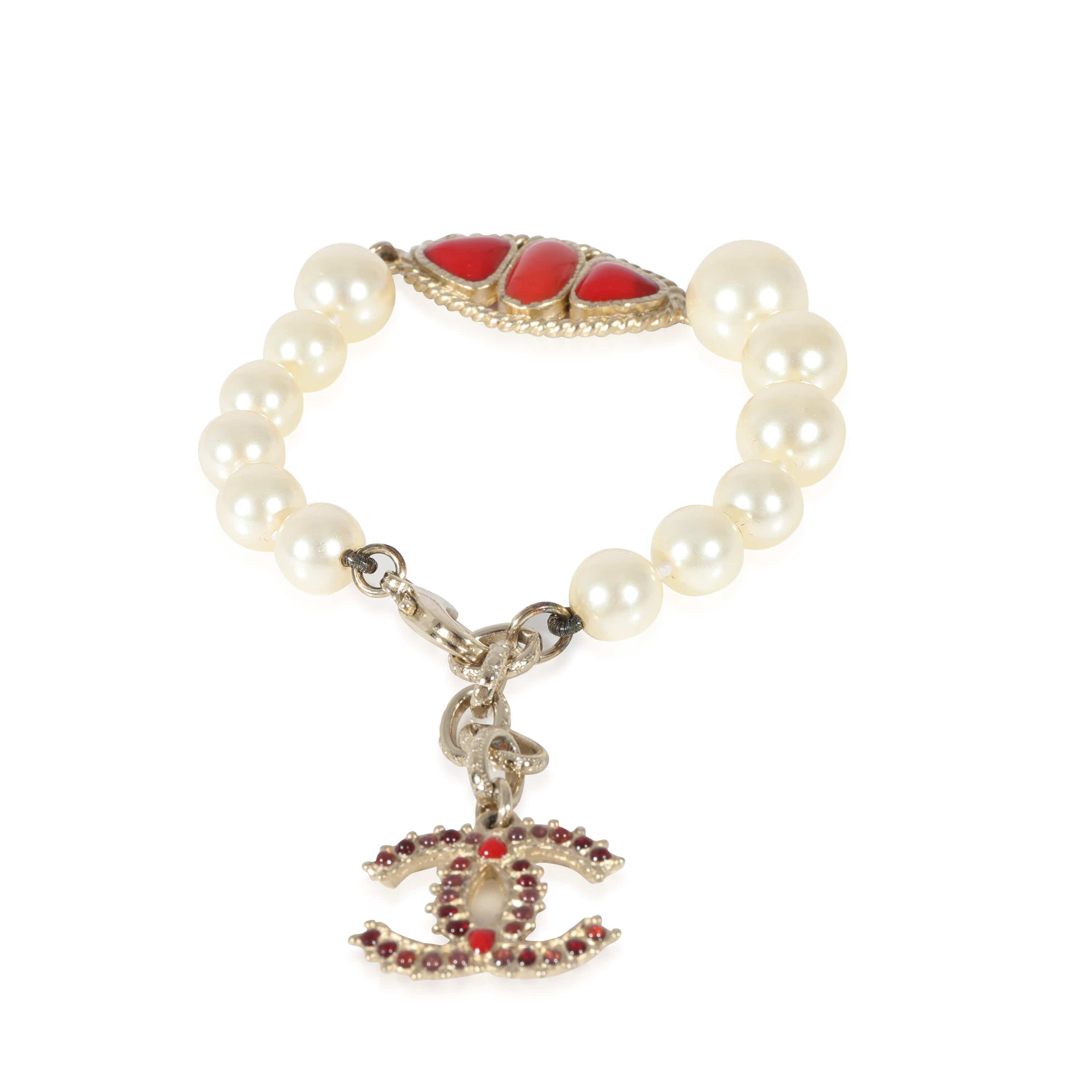 Chanel Chanel Faux Pearl & Red Gripoix CC Bracelet