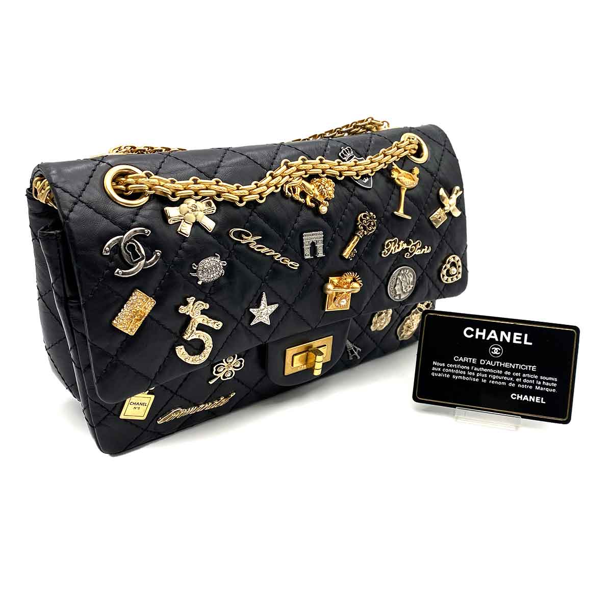 Chanel CHANEL 2.55 EMBROIDERY CHAIN SHOULDER BAG ICON BLACK CALF SKIN 90226493