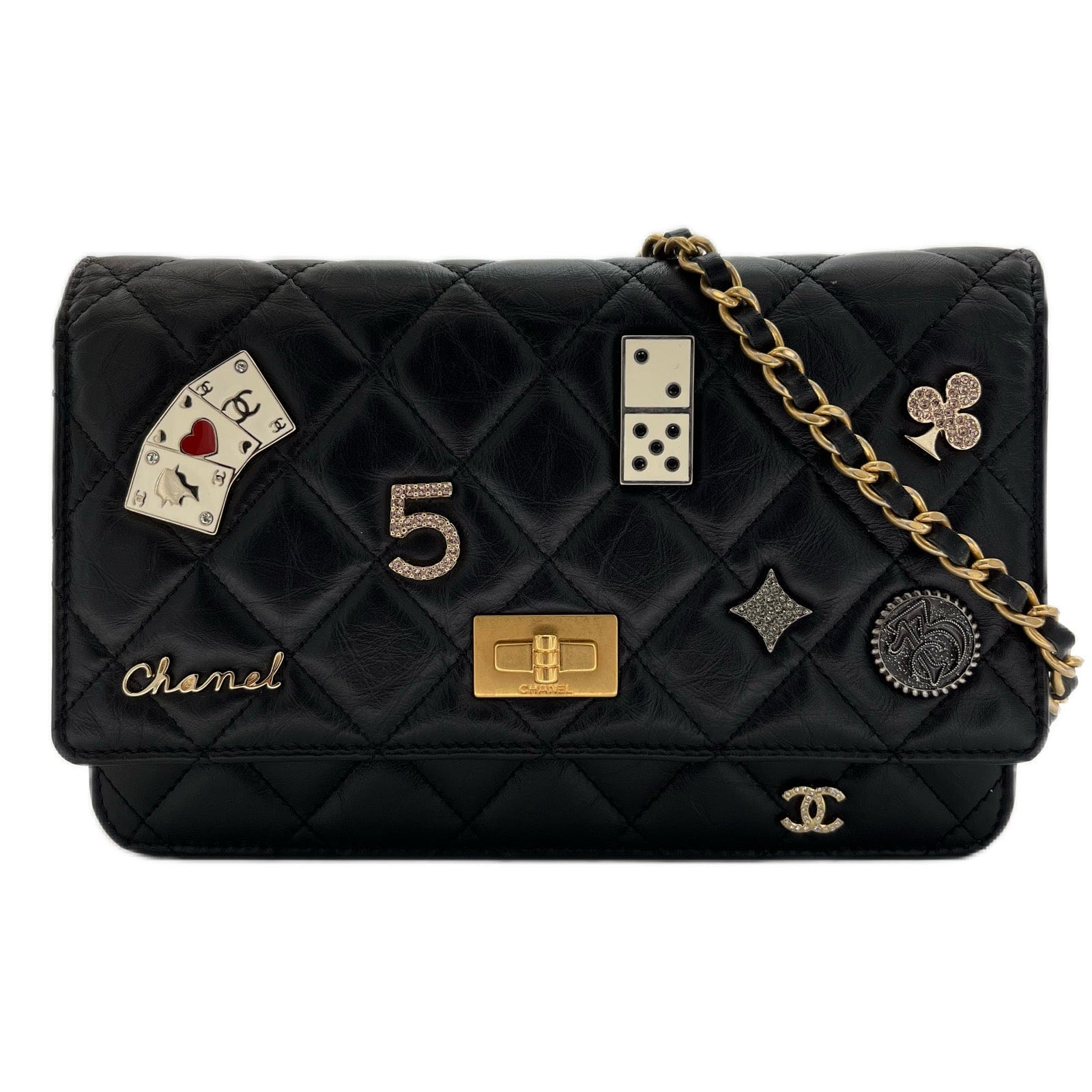 Chanel CHANEL 2.55 LUCKY CHARM CHAIN WALLET SHOULDER BAG BLACK CALF SKIN 90199293