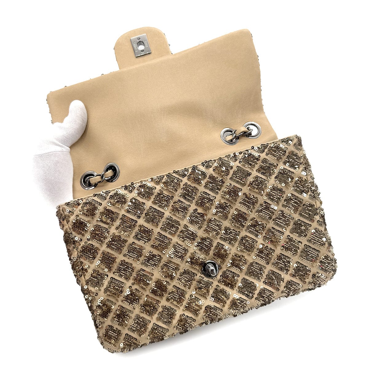 Chanel CHANEL CHAIN SHOULDER BAG BEIGE GOLD SEQUINS LAMB SKIN 90268815