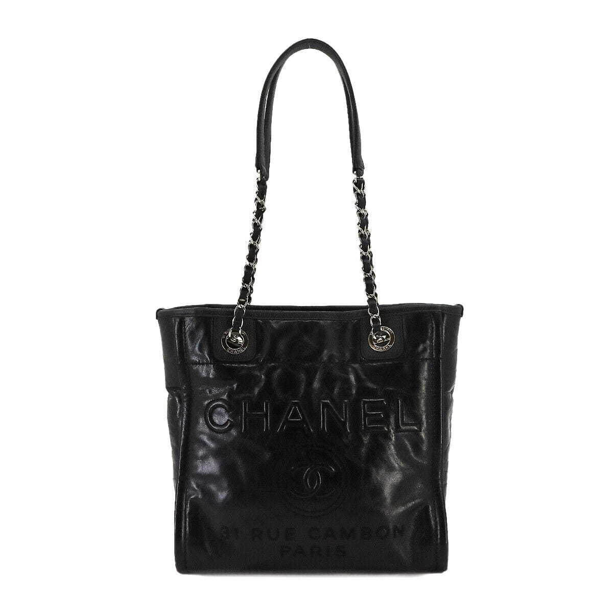 Chanel CHANEL Deauville Chain Tote Bag Leather Black Purse 90224234