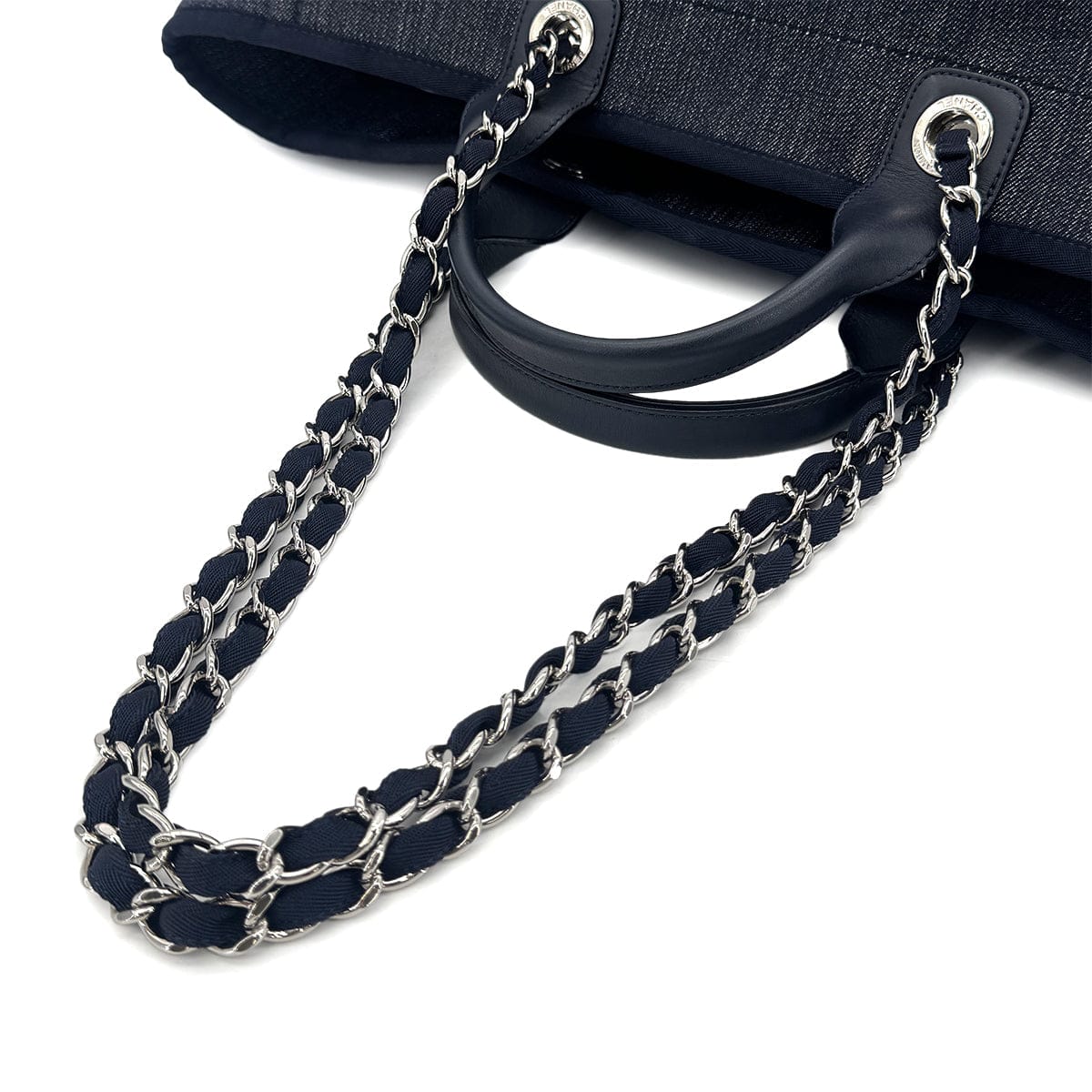 CHANEL CHANEL DEAUVILLE GM CHAIN TOTE BAG NAVY CANVAS LEATHER 90301111