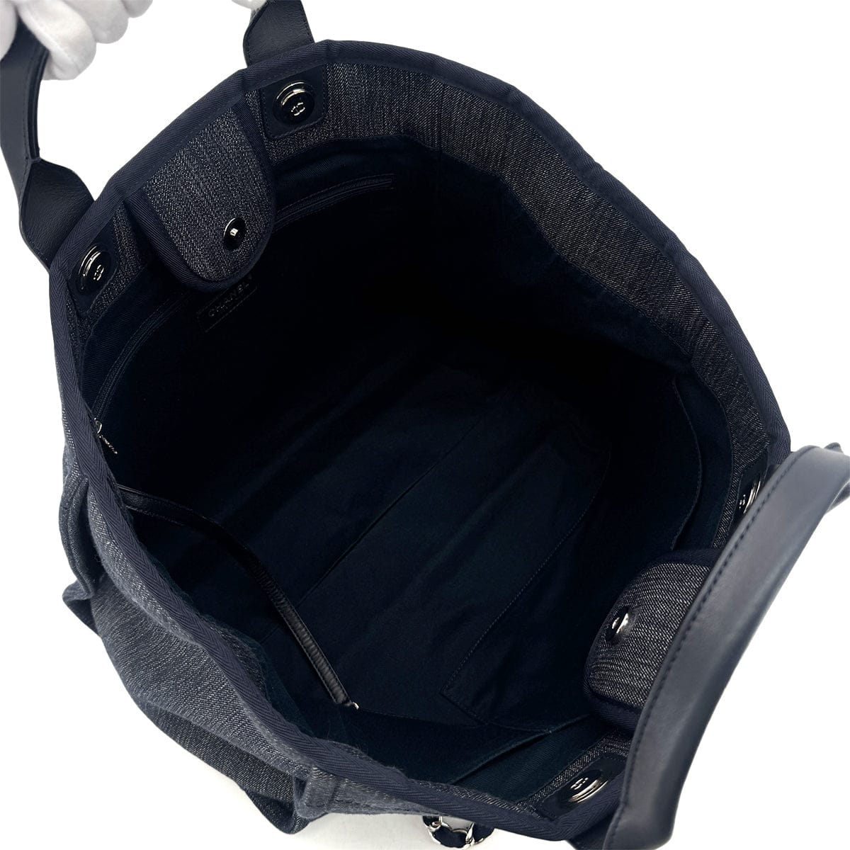 CHANEL CHANEL DEAUVILLE GM CHAIN TOTE BAG NAVY CANVAS LEATHER 90301111