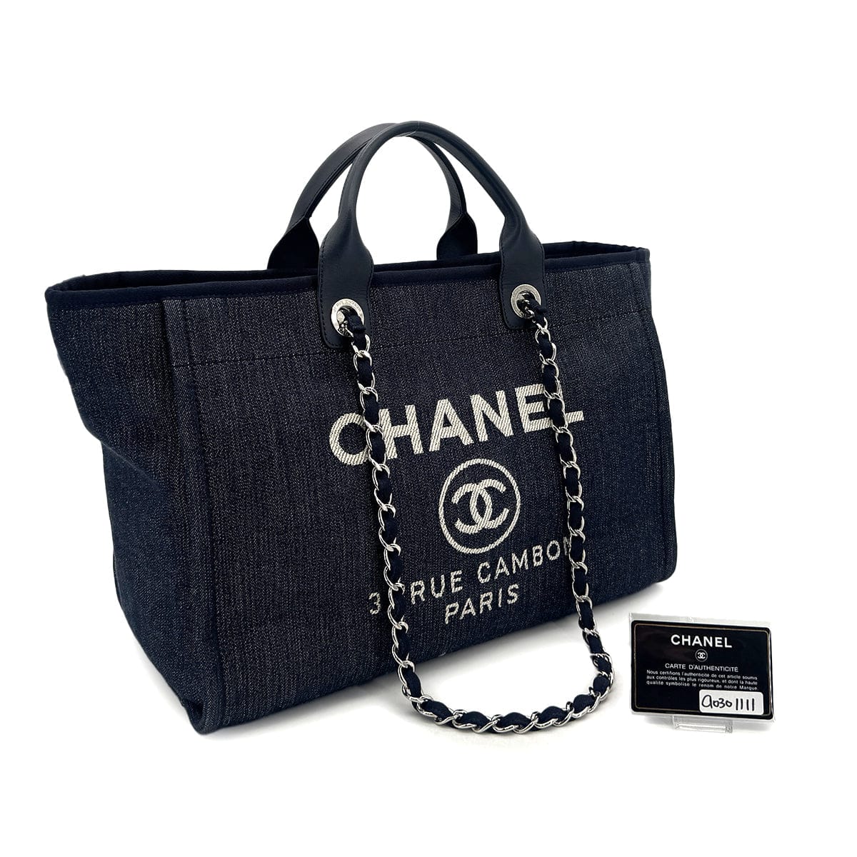 CHANEL CHANEL DEAUVILLE GM CHAIN TOTE BAG NAVY CANVAS LEATHER 90301111