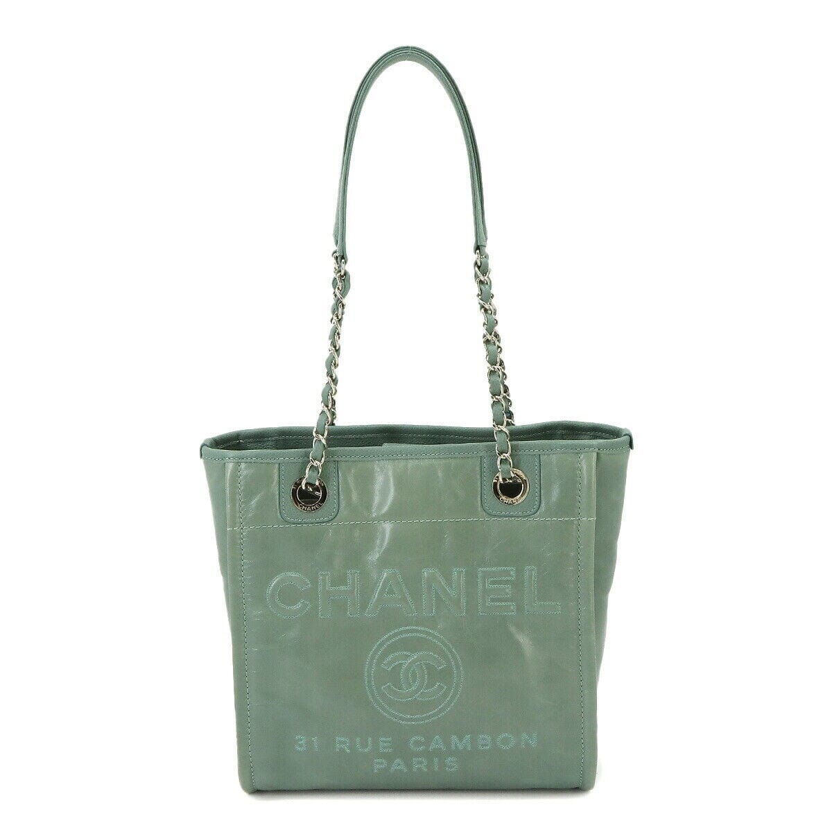 Chanel CHANEL Deauville PM Chain Tote Bag Leather Green A93256 Purse 90227225