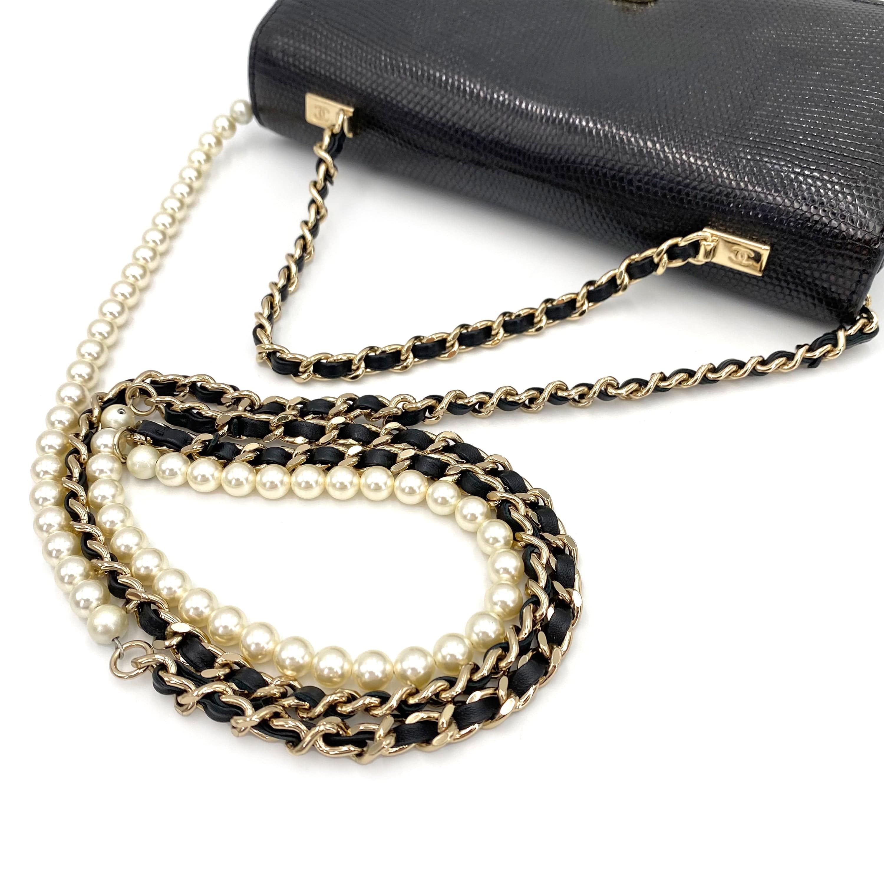 Chanel CHANEL FAKE PEARL CHAIN SHOULDER BAG BLACK LIZARD 90241644