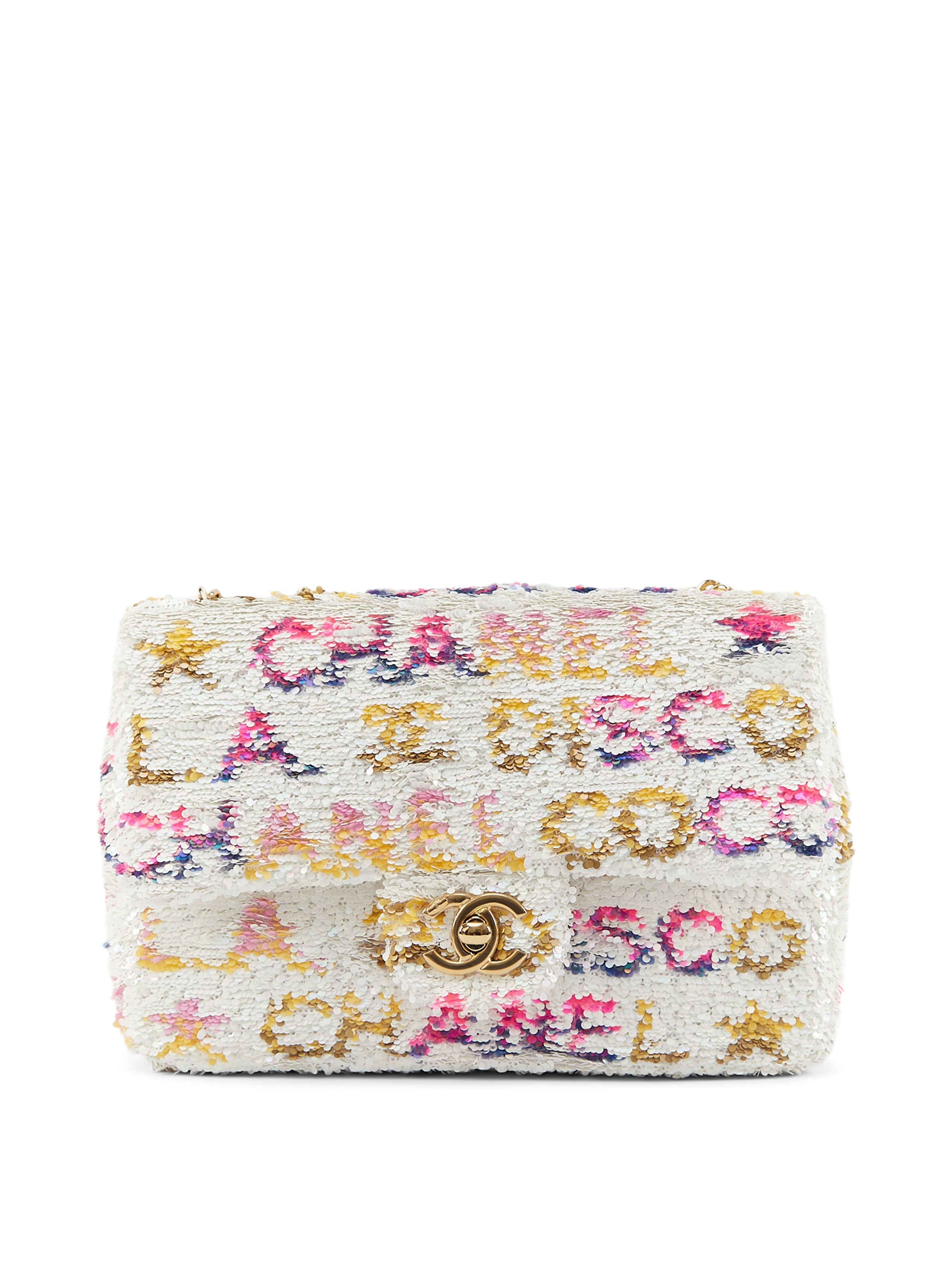 Chanel CHANEL MINI RECTANGLE DISCO FLAP BAG WHITE, YELLOW & PINK Sequins & Calfskin with Gold-Tone Hardware