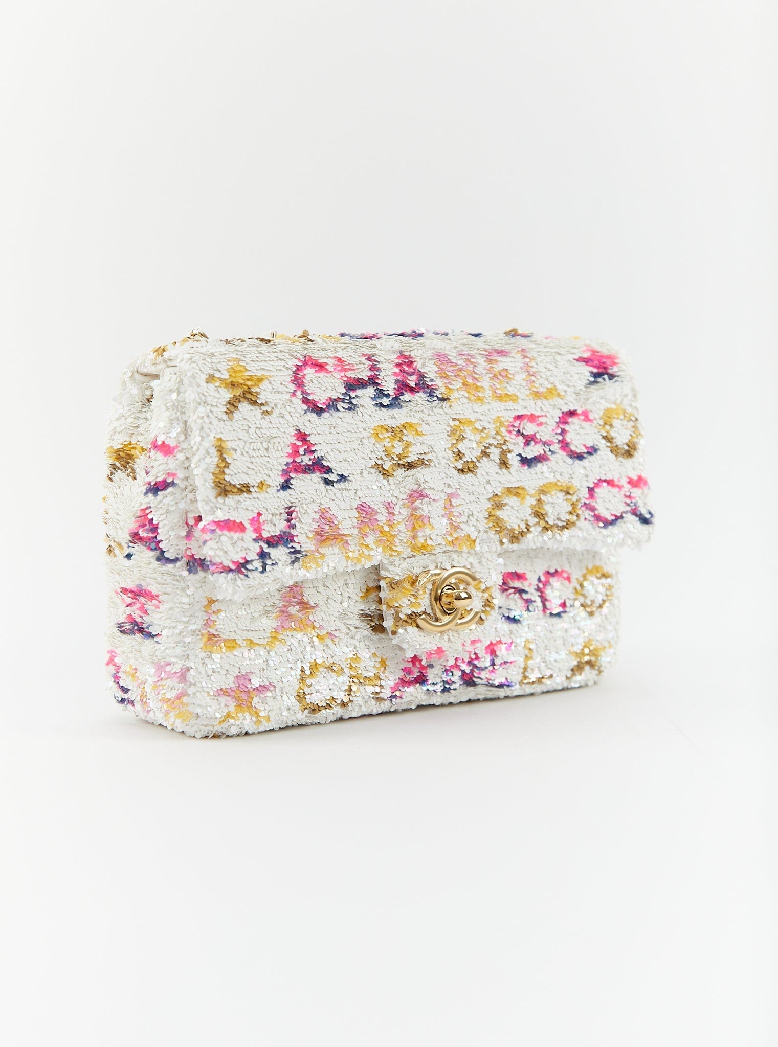 Chanel CHANEL MINI RECTANGLE DISCO FLAP BAG WHITE, YELLOW & PINK Sequins & Calfskin with Gold-Tone Hardware