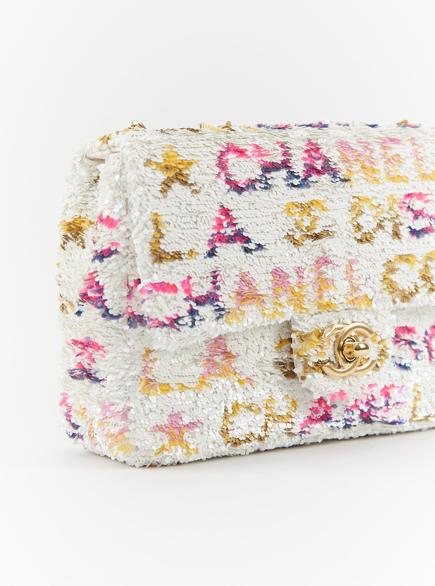 Chanel CHANEL MINI RECTANGLE DISCO FLAP BAG WHITE, YELLOW & PINK Sequins & Calfskin with Gold-Tone Hardware