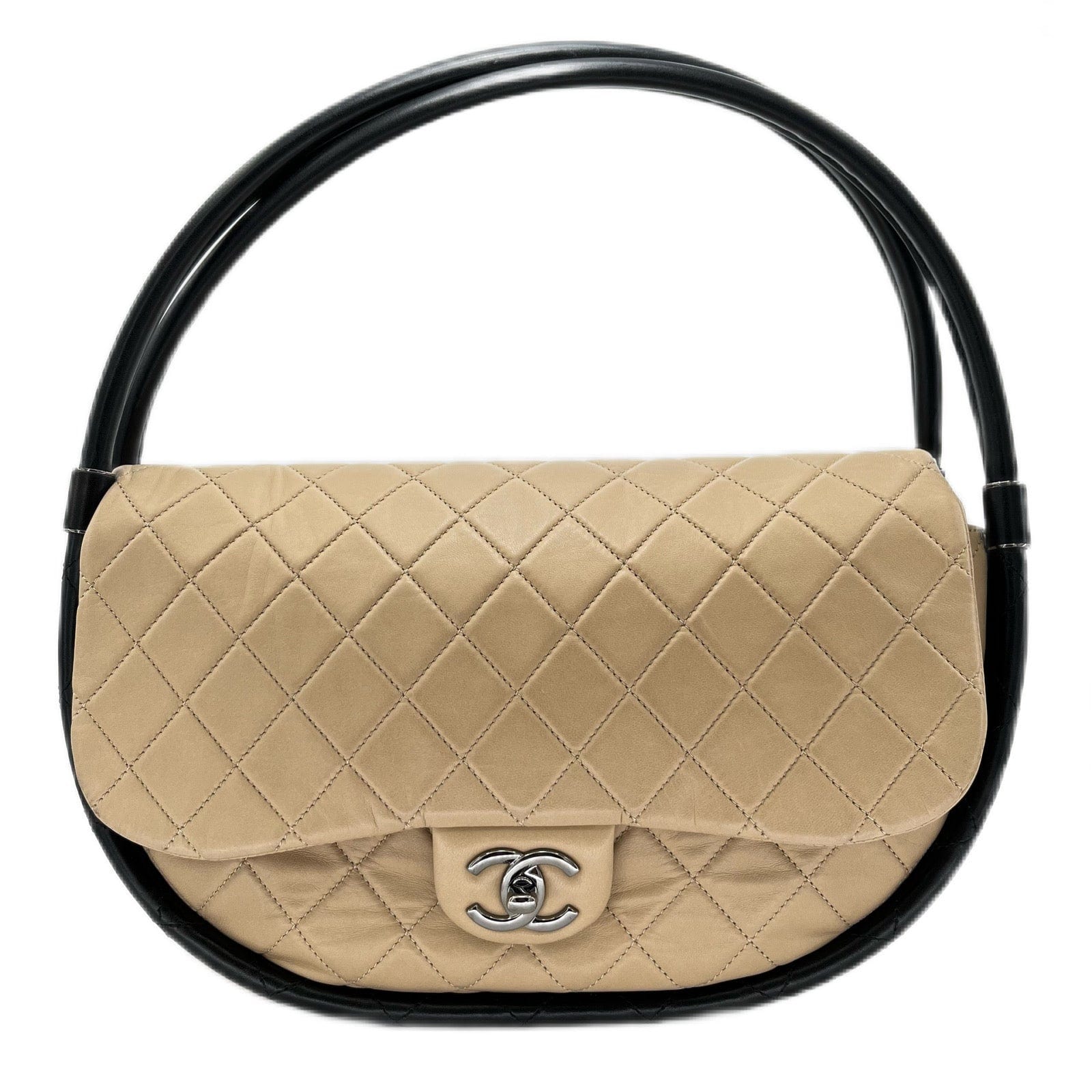 Chanel CHANEL HULA HOOP CROSS HAND BAG BEIGE BLACK LAMB SKIN