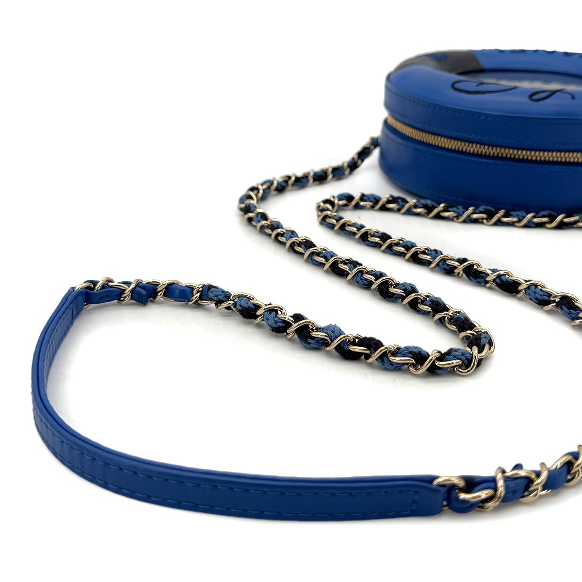 CHANEL CHANEL LA PAUSA COCO MARK LIFESAVER ROUND CHAIN SHOULDER BAG BLUE BLACK VINYL LEATHER 90291372