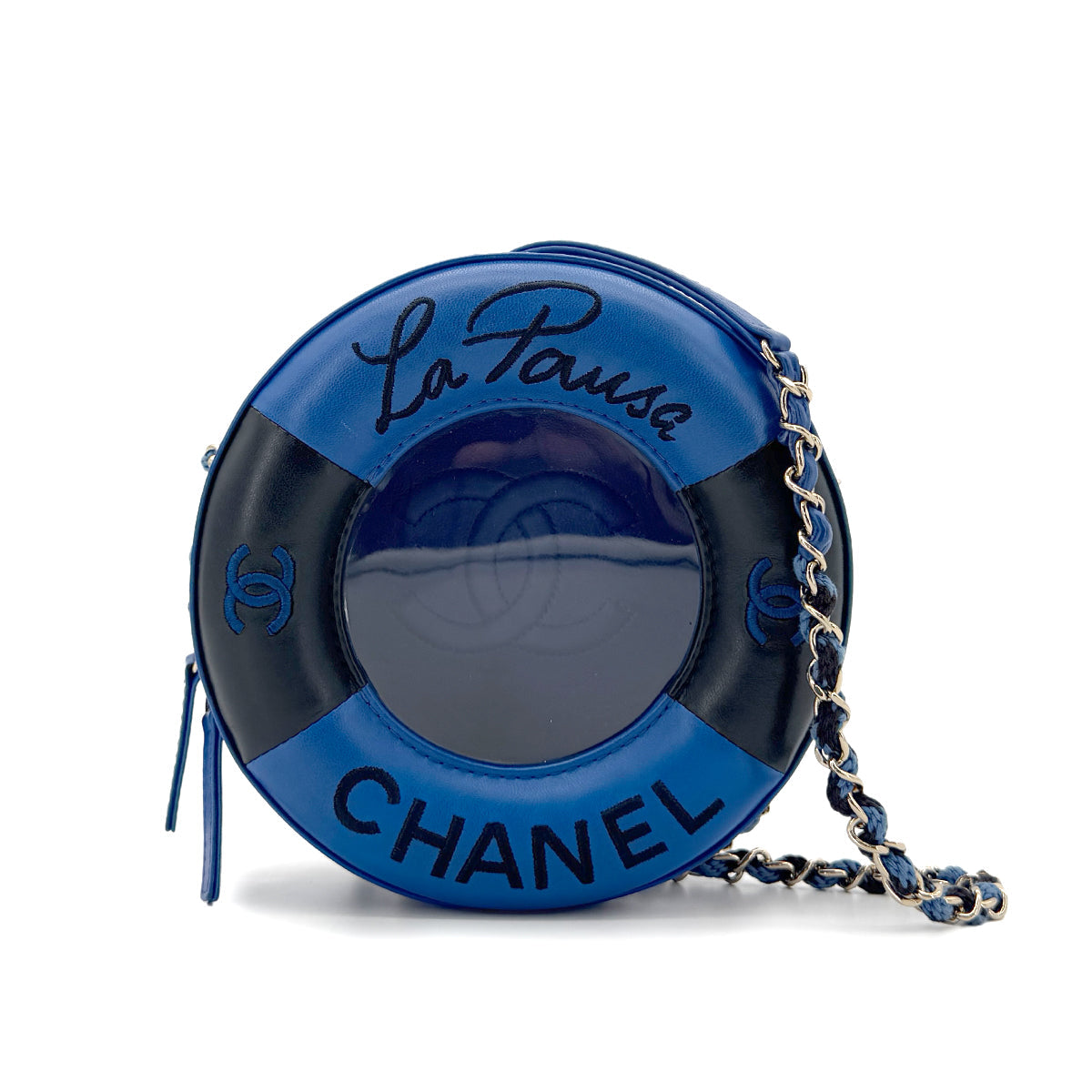 CHANEL CHANEL LA PAUSA COCO MARK LIFESAVER ROUND CHAIN SHOULDER BAG BLUE BLACK VINYL LEATHER 90291372