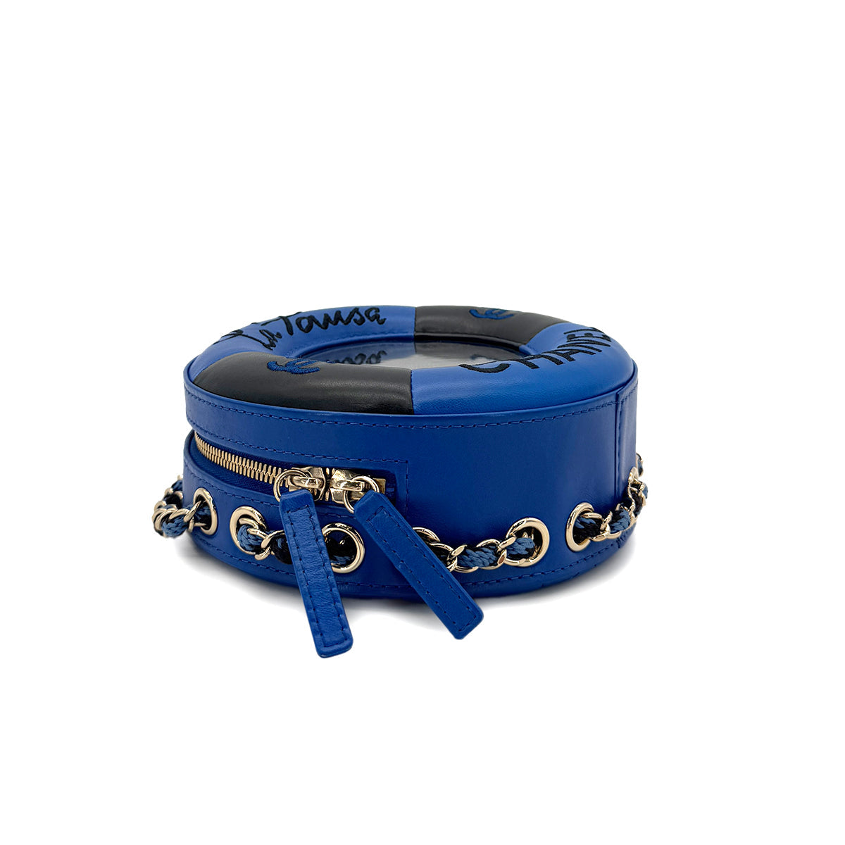 CHANEL CHANEL LA PAUSA COCO MARK LIFESAVER ROUND CHAIN SHOULDER BAG BLUE BLACK VINYL LEATHER 90291372