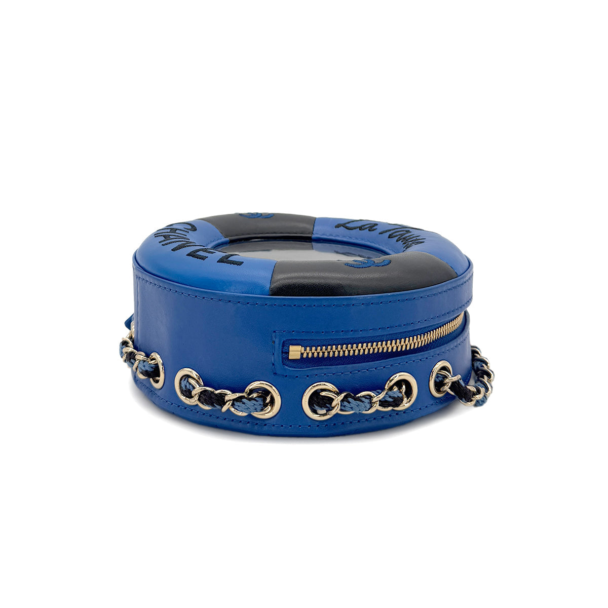 CHANEL CHANEL LA PAUSA COCO MARK LIFESAVER ROUND CHAIN SHOULDER BAG BLUE BLACK VINYL LEATHER 90291372