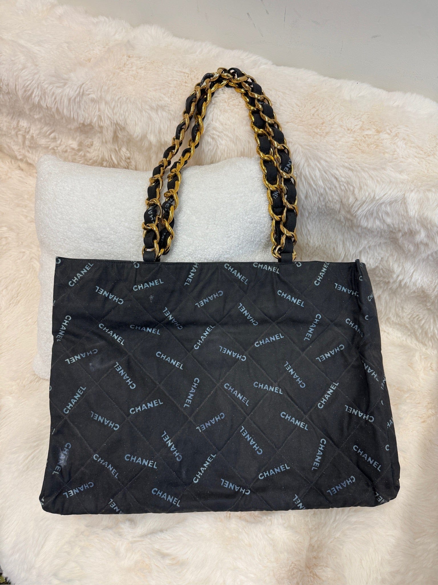 CHANEL Chanel Logo Print Fabric Chain Tote