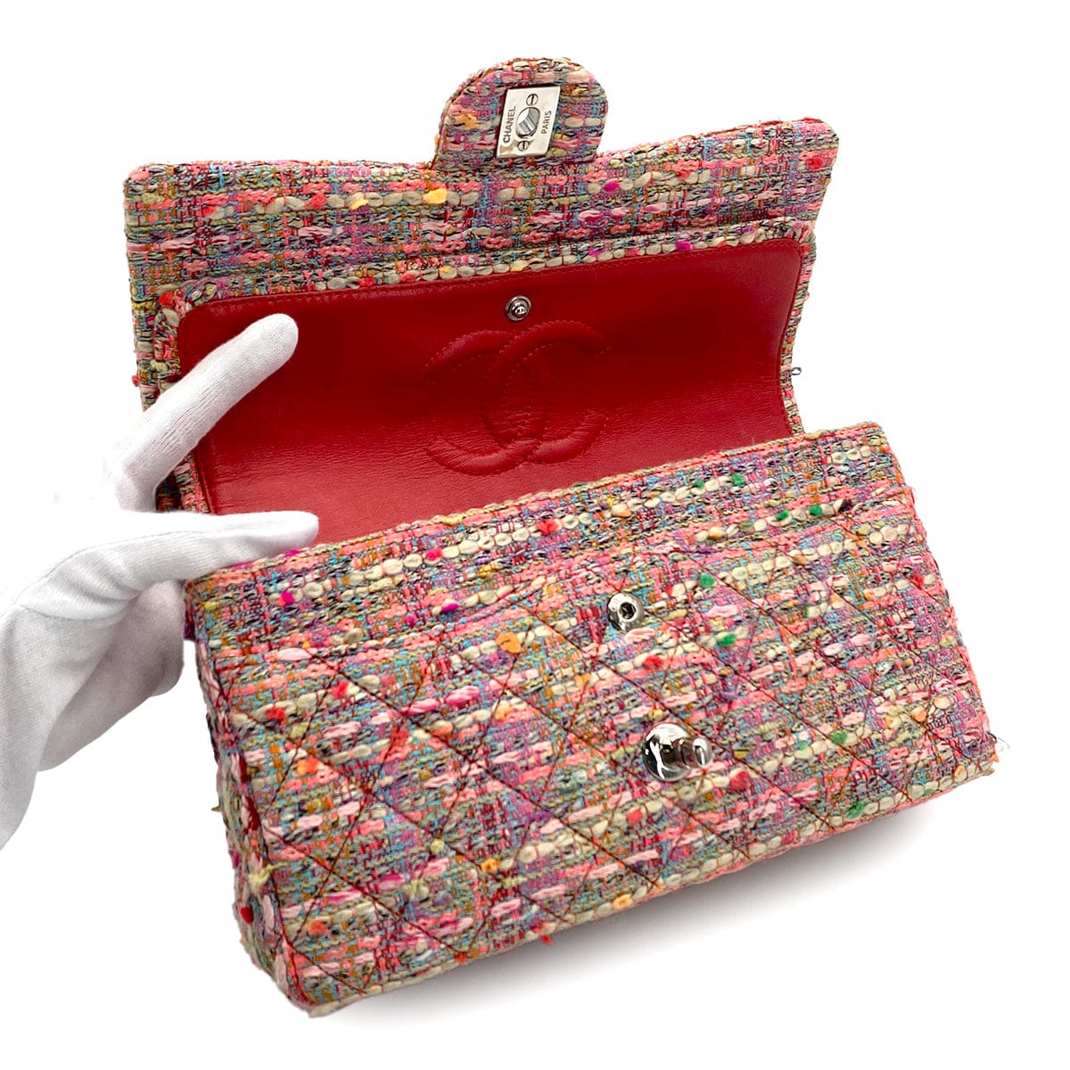 CHANEL CHANEL MATELASSE CHAIN SHOULDER BAG PINK MULTICOLOR TWEED SILVER HARDWARE 90326719