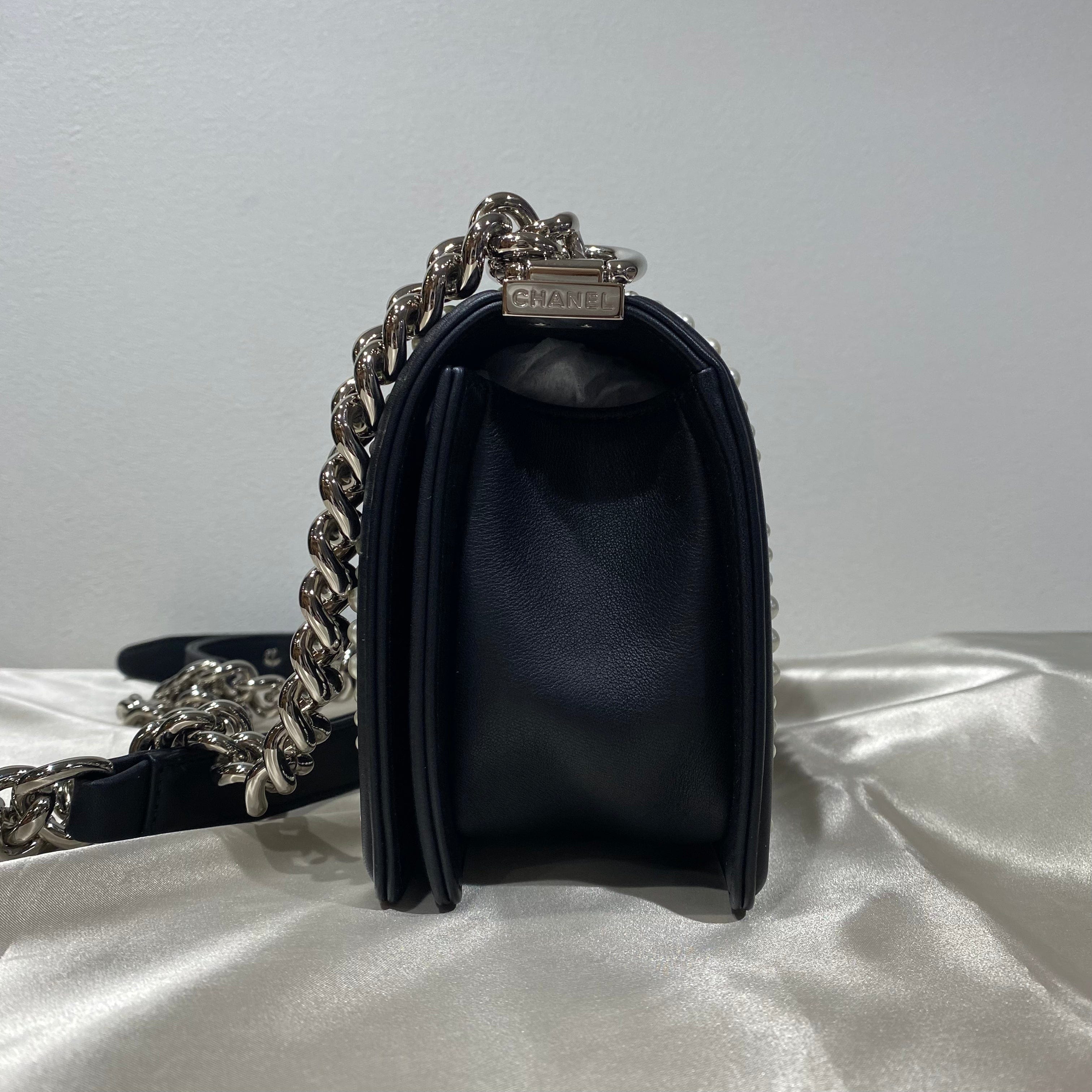 Chanel CHANEL PEARL BOYCHANEL SMALL CHAIN SHOULDER BAG BLACK LEATHER 90208965