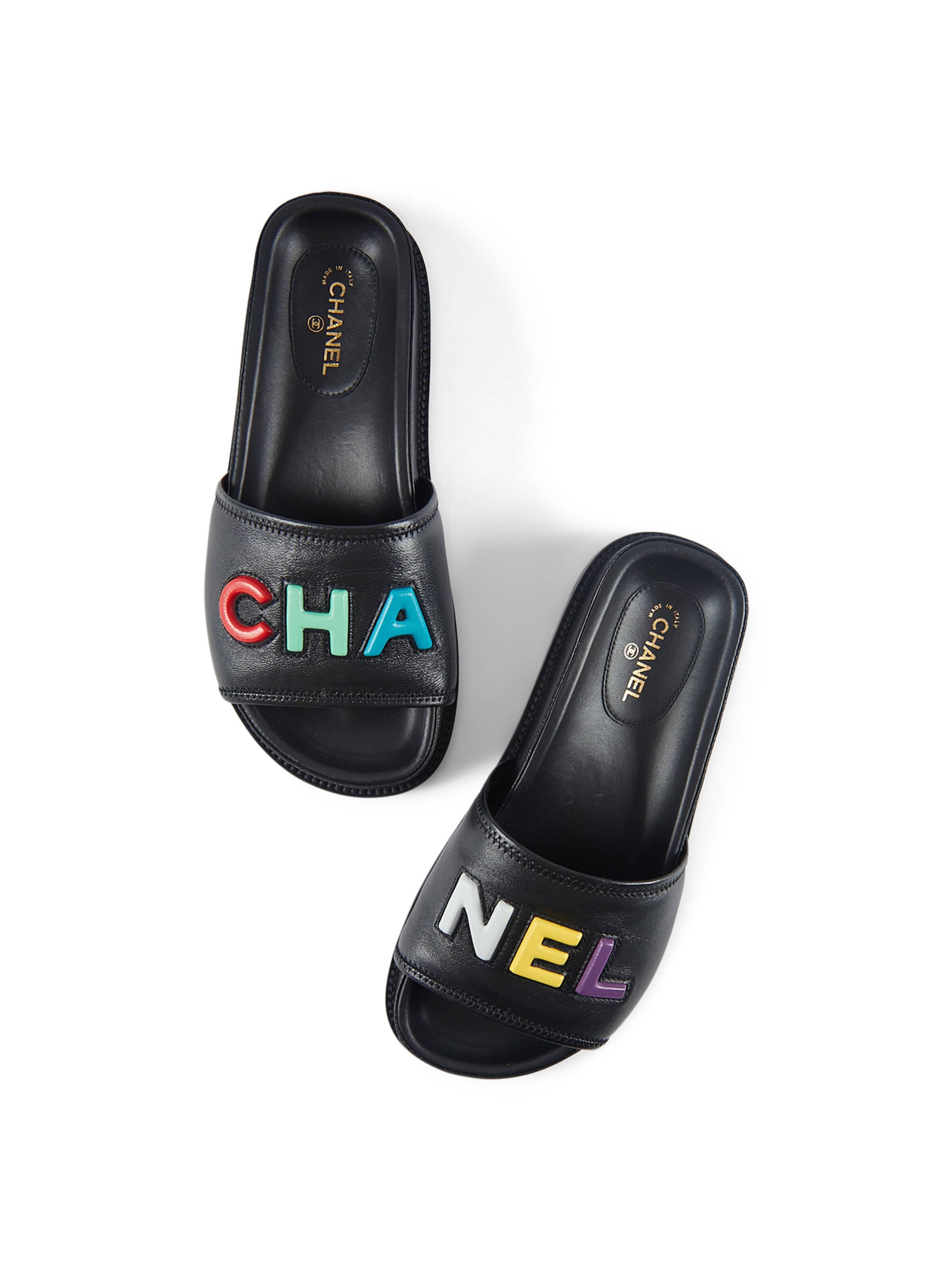 Chanel CHANEL SLIDE SANDALS Black with Multicolour Logo - Size 37