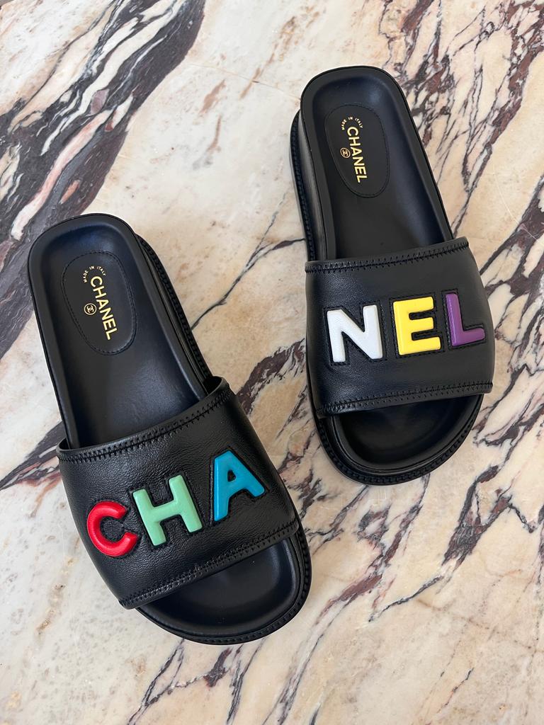 Chanel CHANEL SLIDE SANDALS Black with Multicolour Logo - Size 37