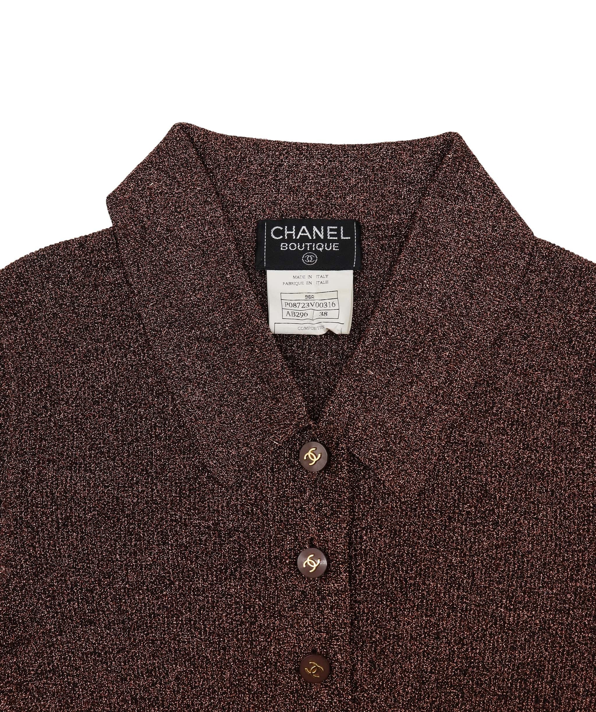 Chanel CHANEL Vintage 96A CC Logo Knit Polo Shirt Top #38 Glitter Brown Rayon 102421