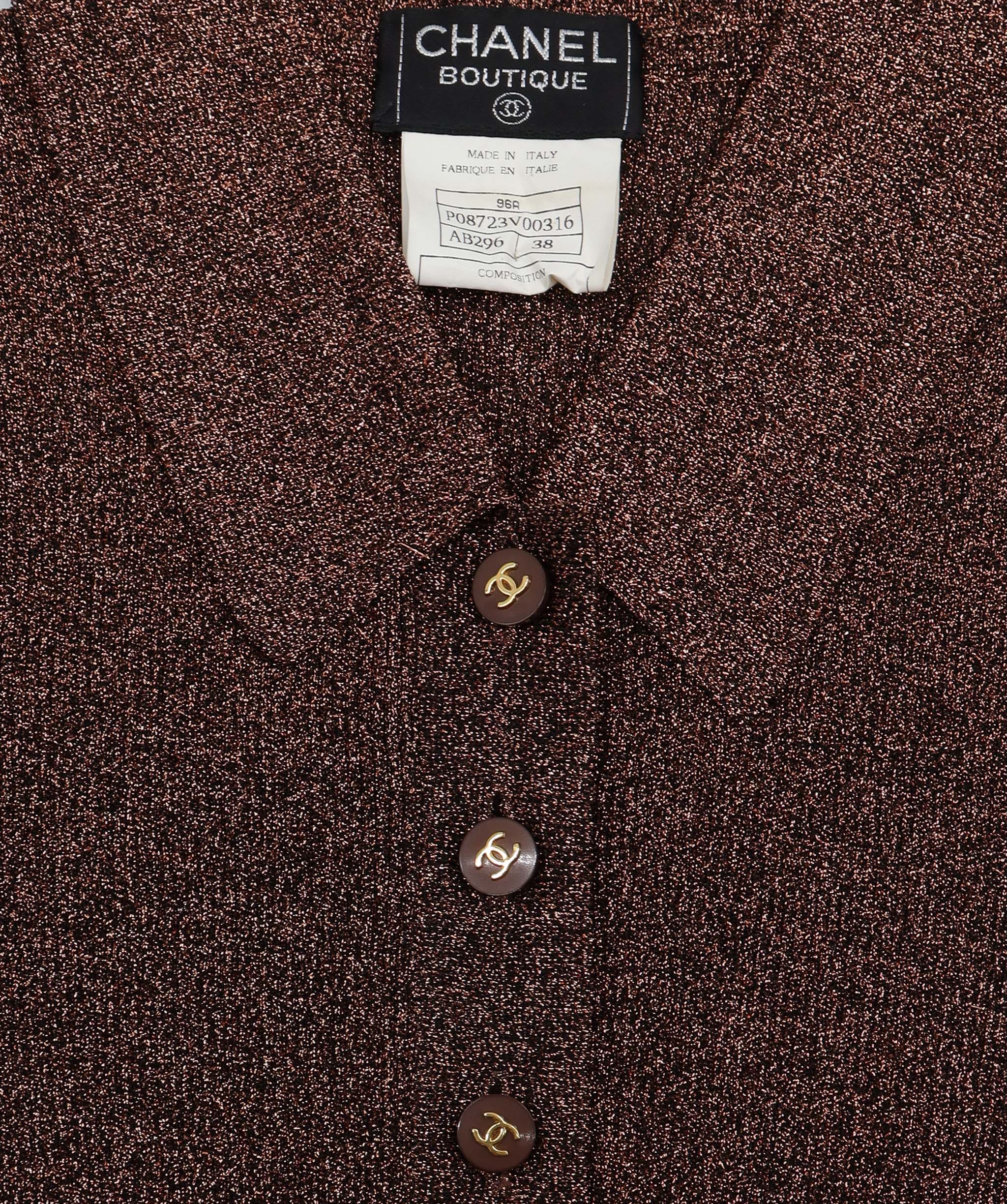 Chanel CHANEL Vintage 96A CC Logo Knit Polo Shirt Top #38 Glitter Brown Rayon 102421