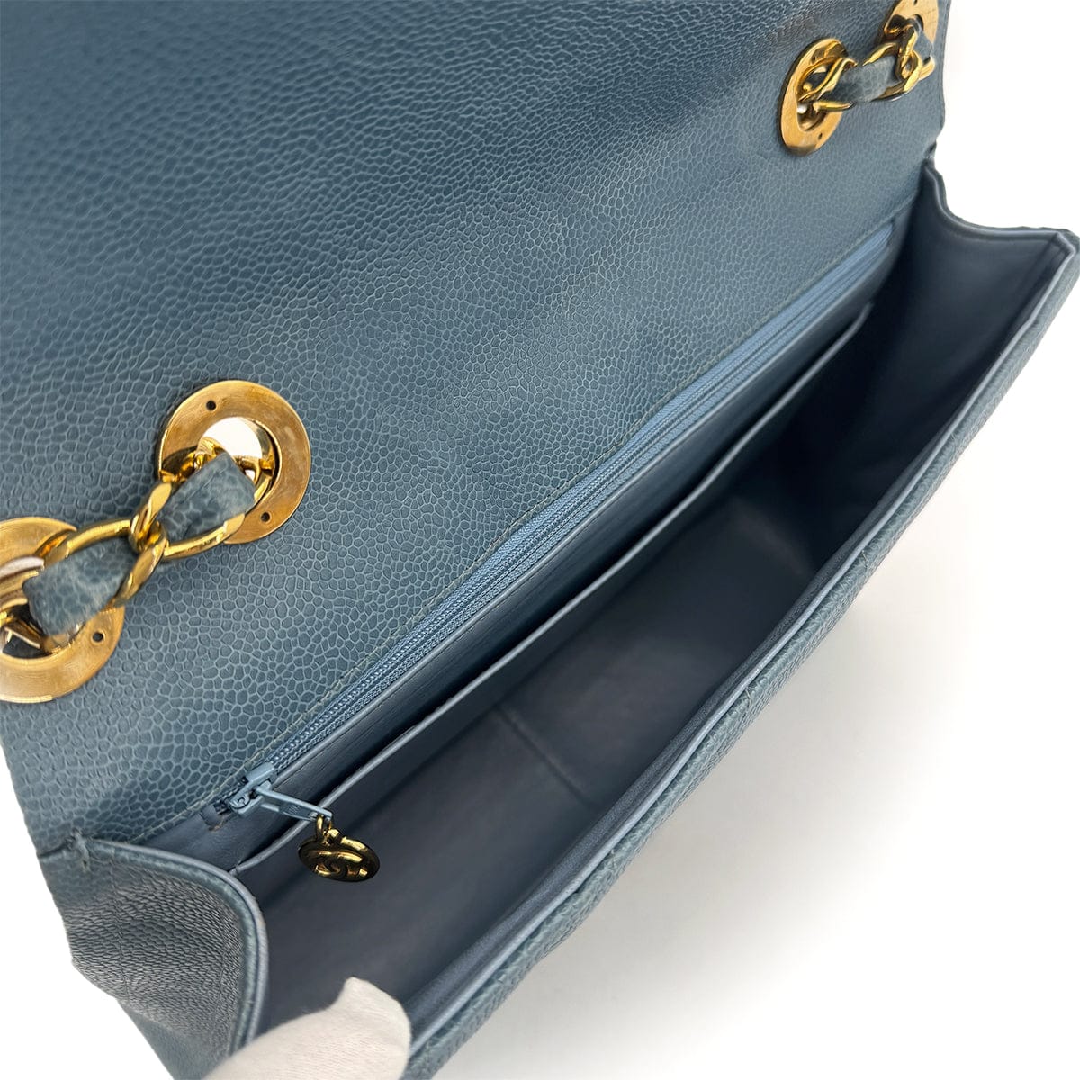 CHANEL CHANEL VINTAGE BIAS STITCH CHAIN SHOULDER BAG BLUE CAVIAR SKIN 90310126