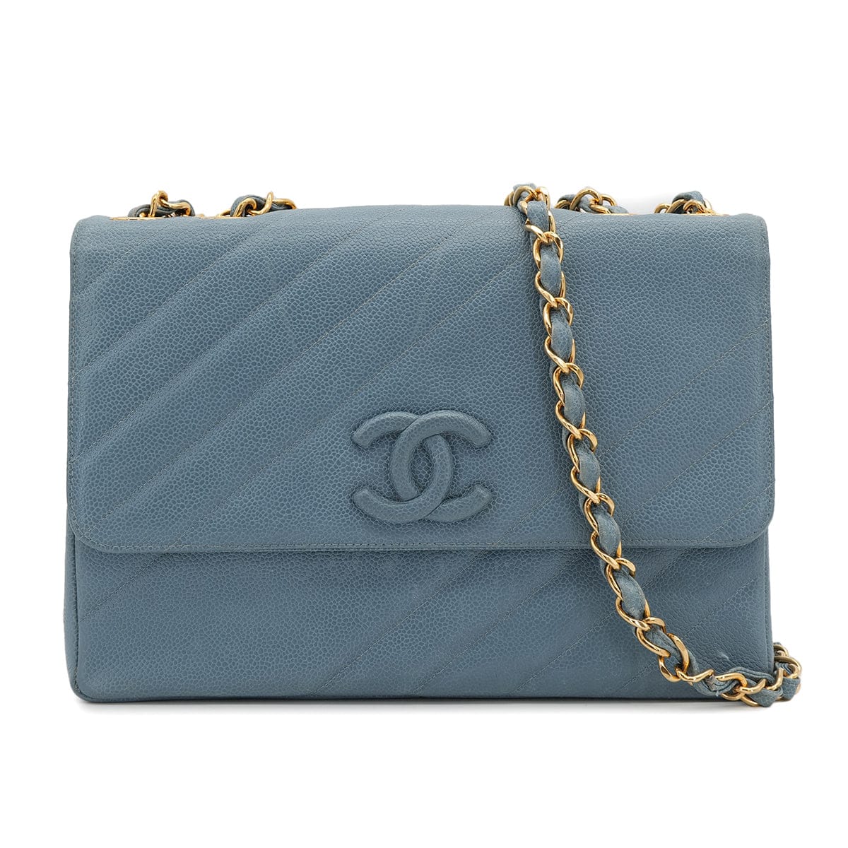 CHANEL CHANEL VINTAGE BIAS STITCH CHAIN SHOULDER BAG BLUE CAVIAR SKIN 90310126