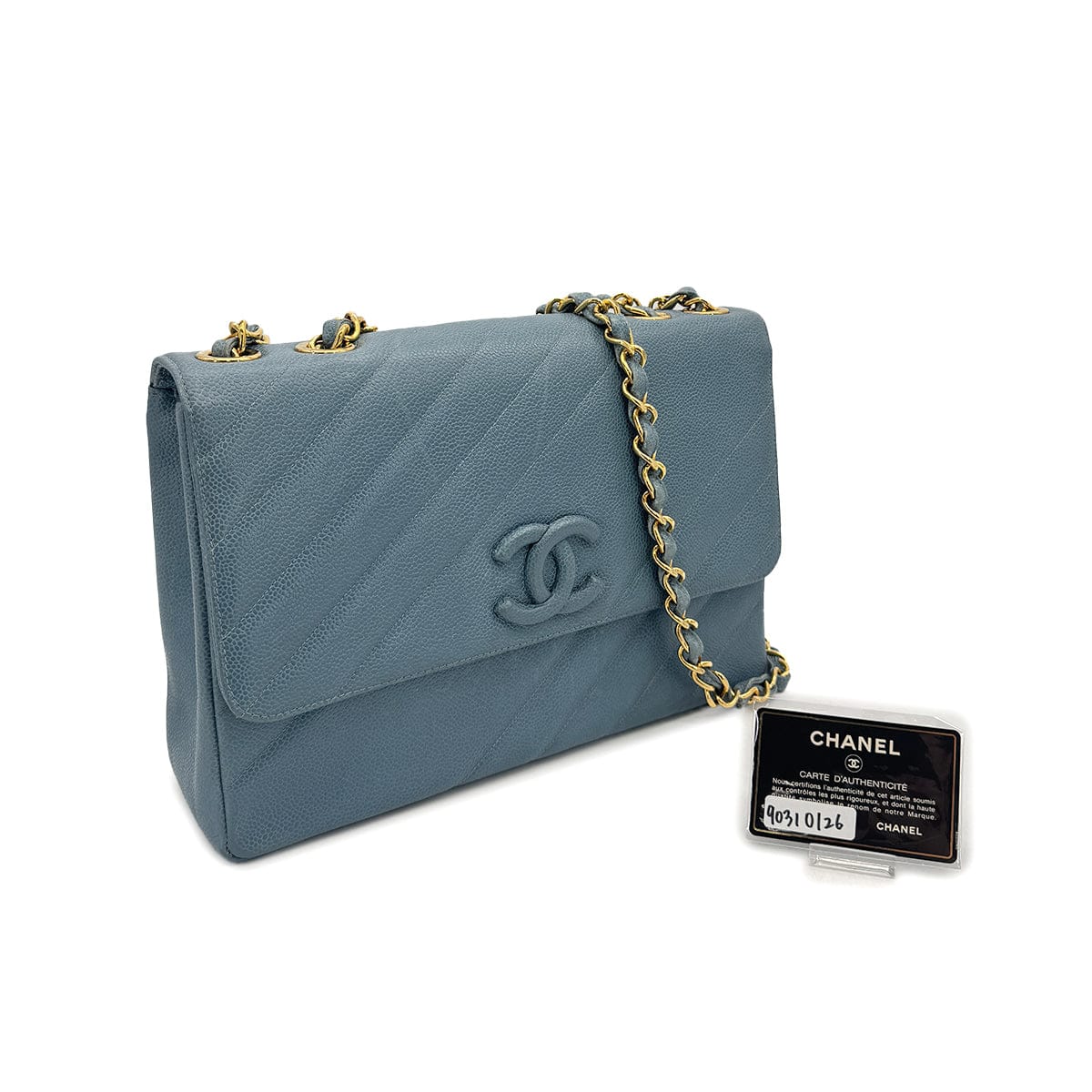 CHANEL CHANEL VINTAGE BIAS STITCH CHAIN SHOULDER BAG BLUE CAVIAR SKIN 90310126