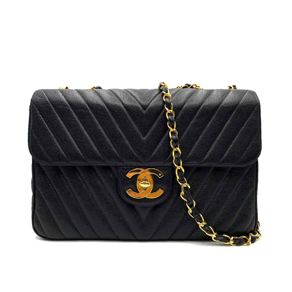 Chanel CHANEL VINTAGE CHEVRON CHAIN SHOULDER BAG BLACK CAVIR SKIN 90229335