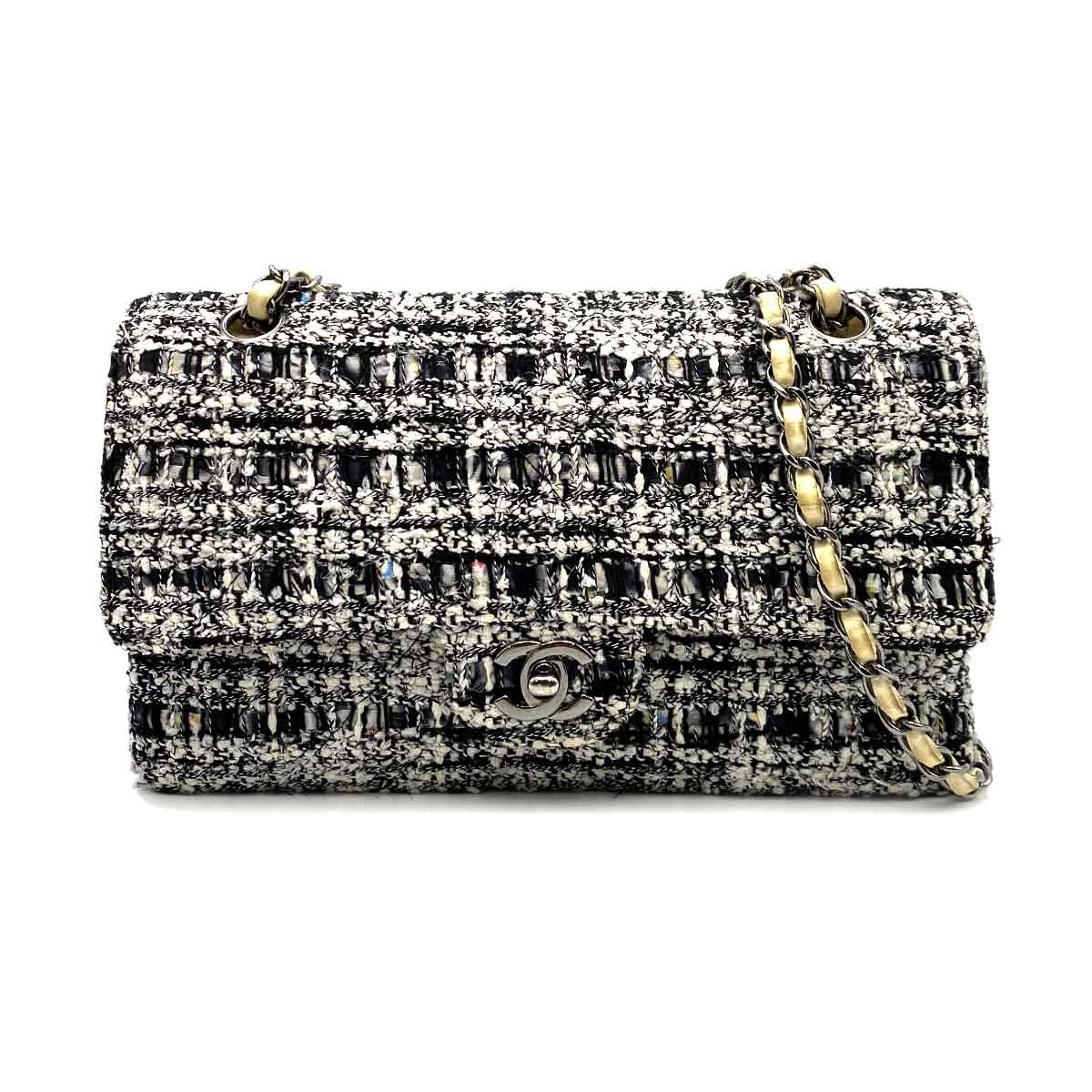 Chanel CHANEL VINTAGE CLASSIC FLAP MEDIUM CHAIN SHOULDER BAG BLACK WHITE TWEED 90225108