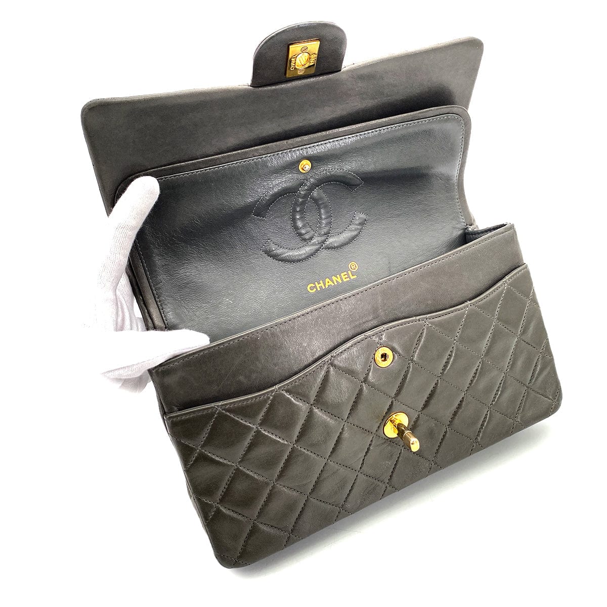 CHANEL CHANEL VINTAGE CLASSIC FLAP MEDIUM CHAIN SHOULDER BAG GRAY LAMB SKIN 90270801