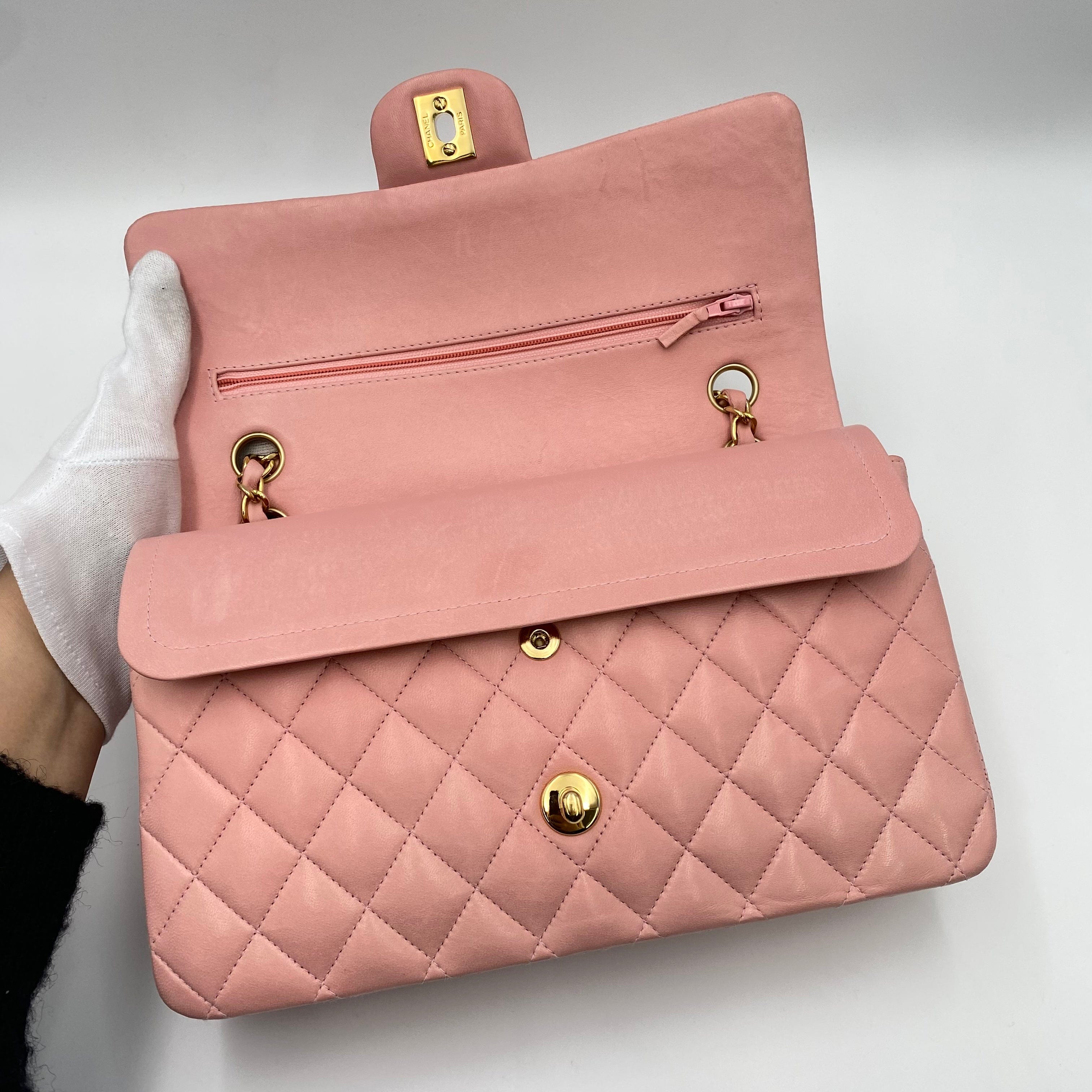 Chanel CHANEL VINTAGE CLASSIC FLAP MEDIUM CHAIN SHOULDER BAG PINK LAMB SKIN