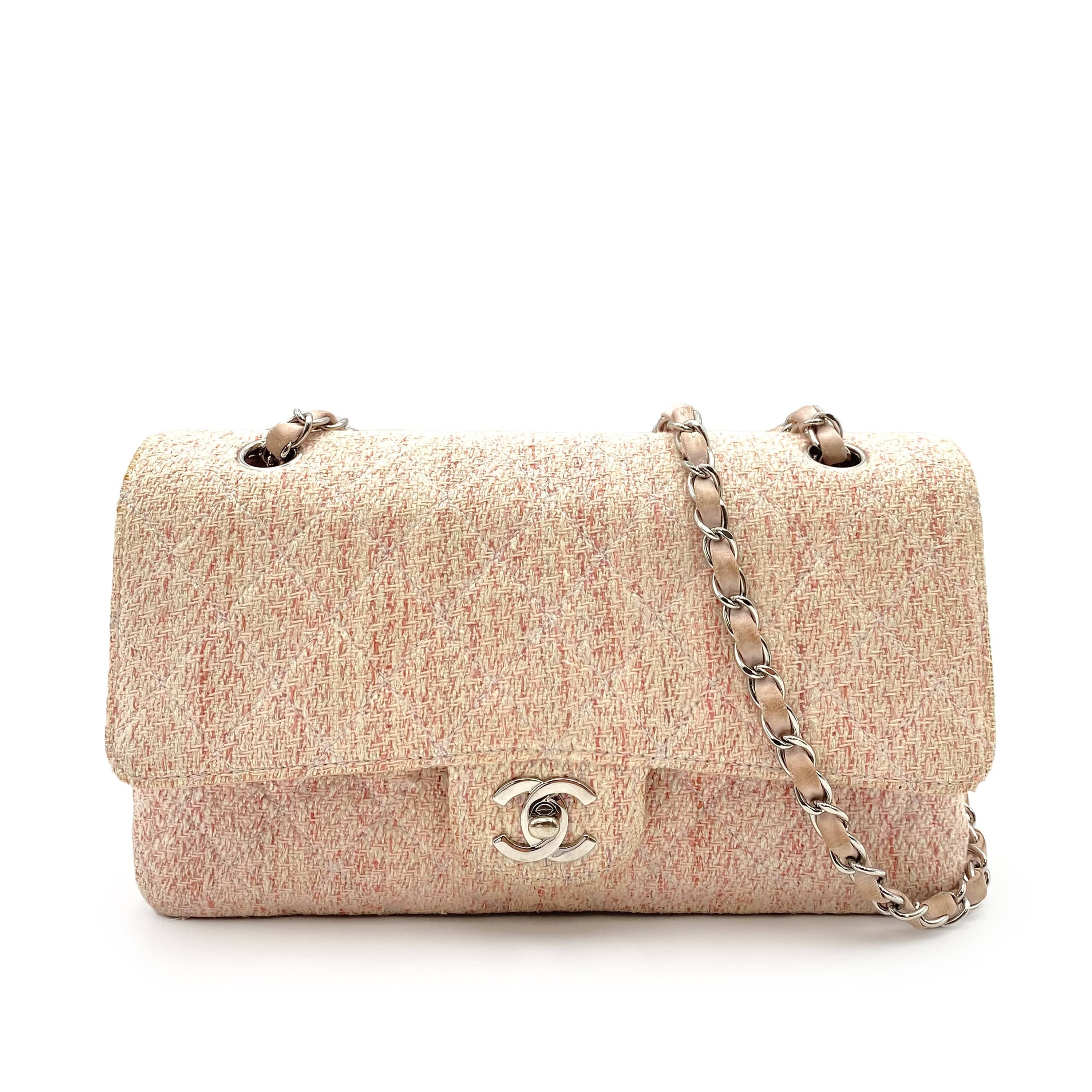 Chanel CHANEL VINTAGE CLASSIC FLAP MEDIUM CHAIN SHOULDER BAG PINK TWEED SHW 90235456