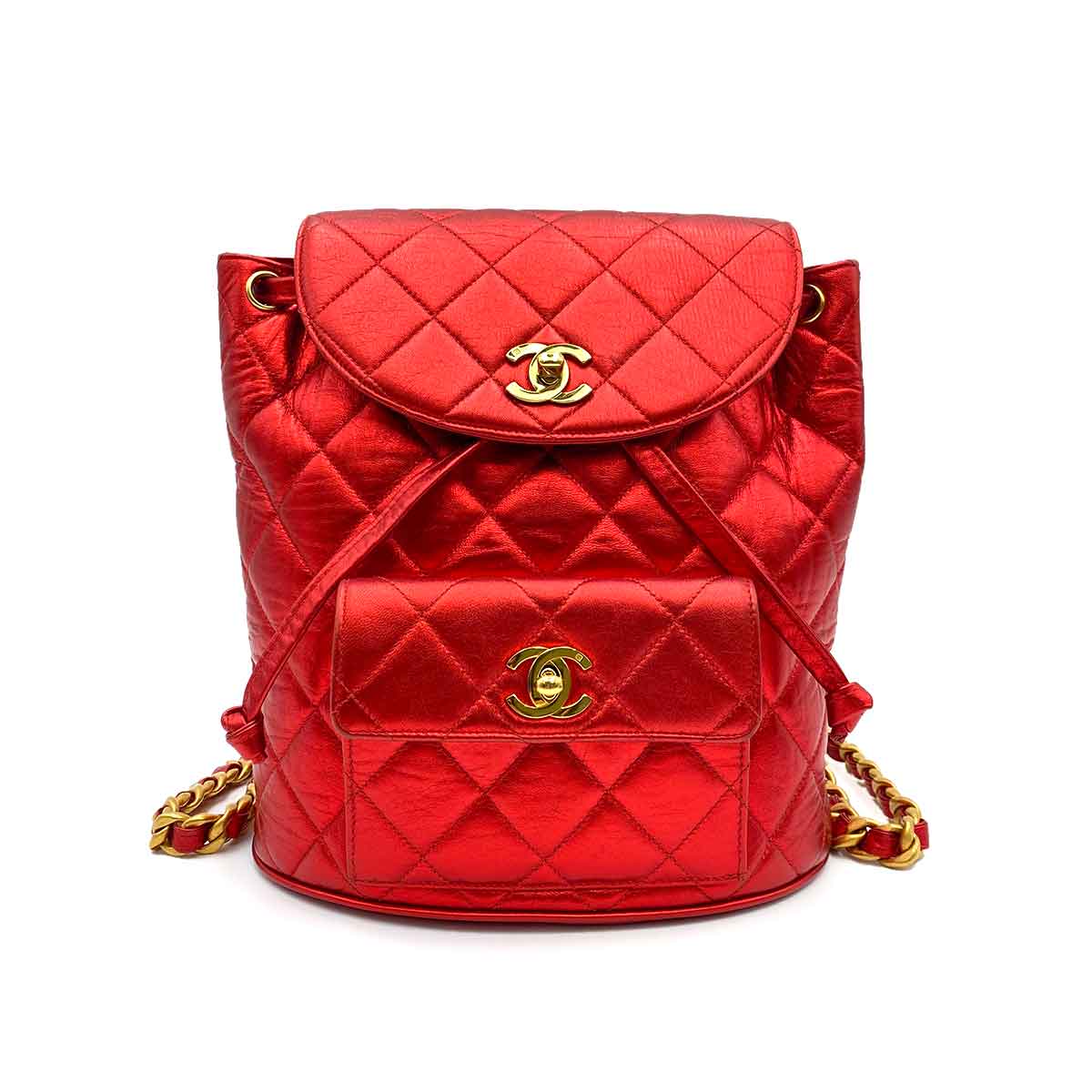 Chanel CHANEL VINTAGE DUMA CHAIN BACKPACK METALLIC RED LAMB SKIN 90233683