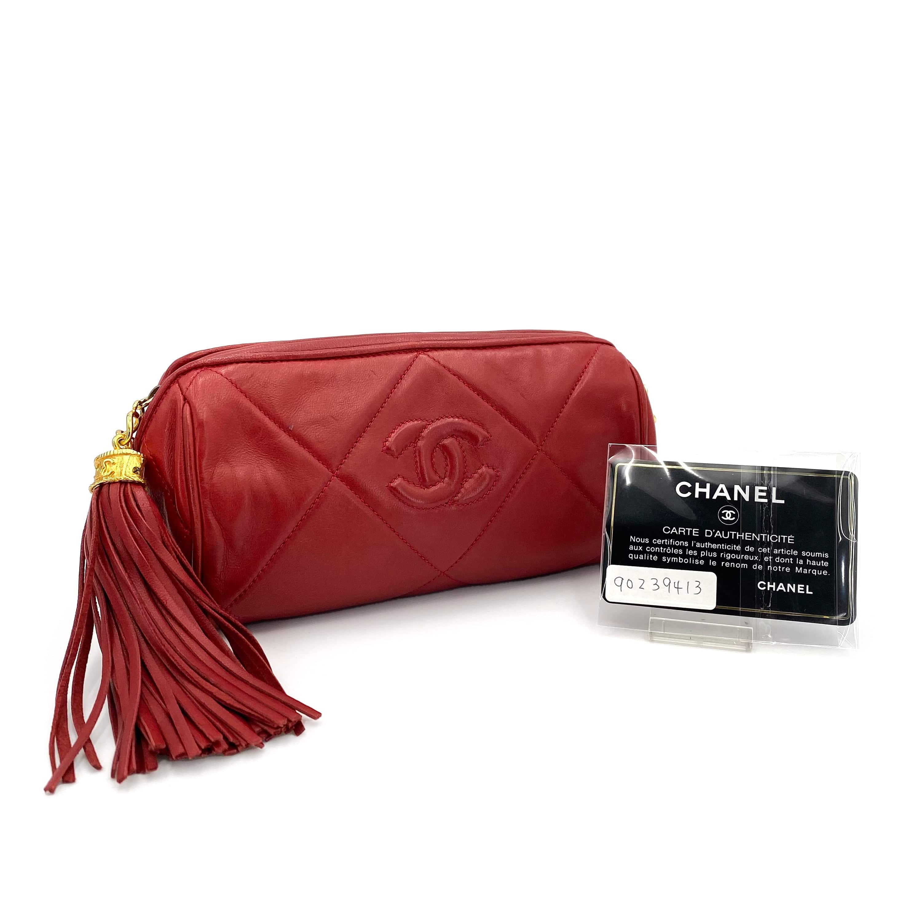 Chanel CHANEL VINTAGE FRINGE CHAIN SHOULDER BAG RED LAMB SKIN 90239413