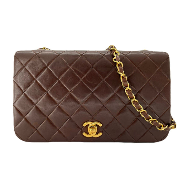 Chanel CHANEL VINTAGE FULL FLAP CHAIN SHOULDER BAG BROWN LAMB SKIN 90207960