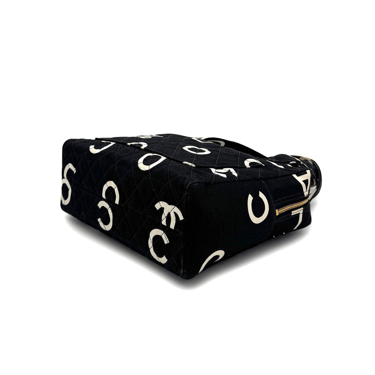 CHANEL CHANEL VINTAGE MATELASSE LOGO HAND BAG BLACK WHITE CANVAS 90306000