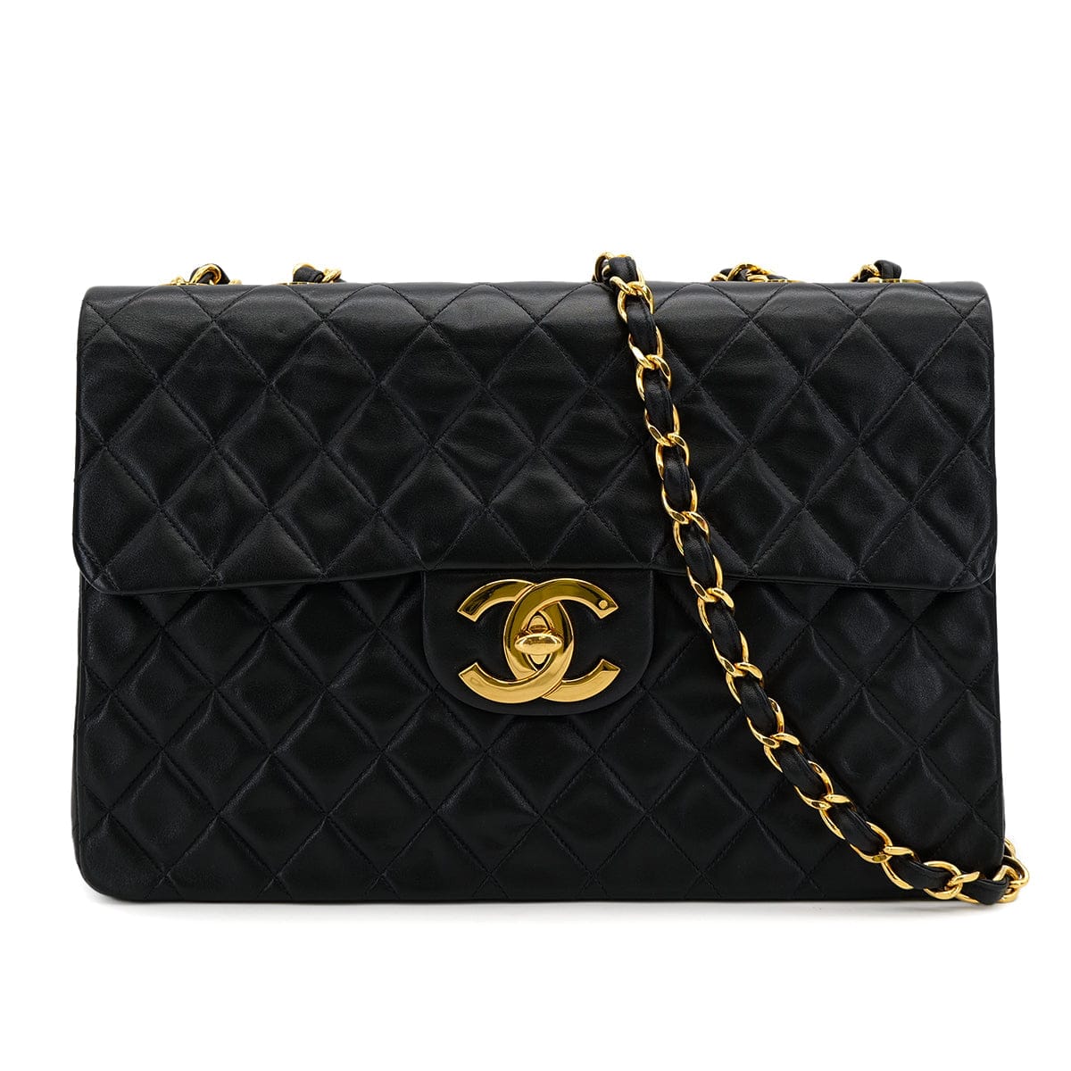 CHANEL CHANEL VINTAGE MAXI MATELASSE 34 CHAIN SHOULDER BAG BLACK LAMB SKIN 90307997