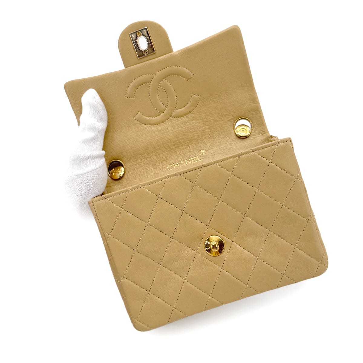 CHANEL CHANEL VINTAGE MINI SQUARE 17 CHAIN HAND BAG BEIGE LAMB SKIN 90265880